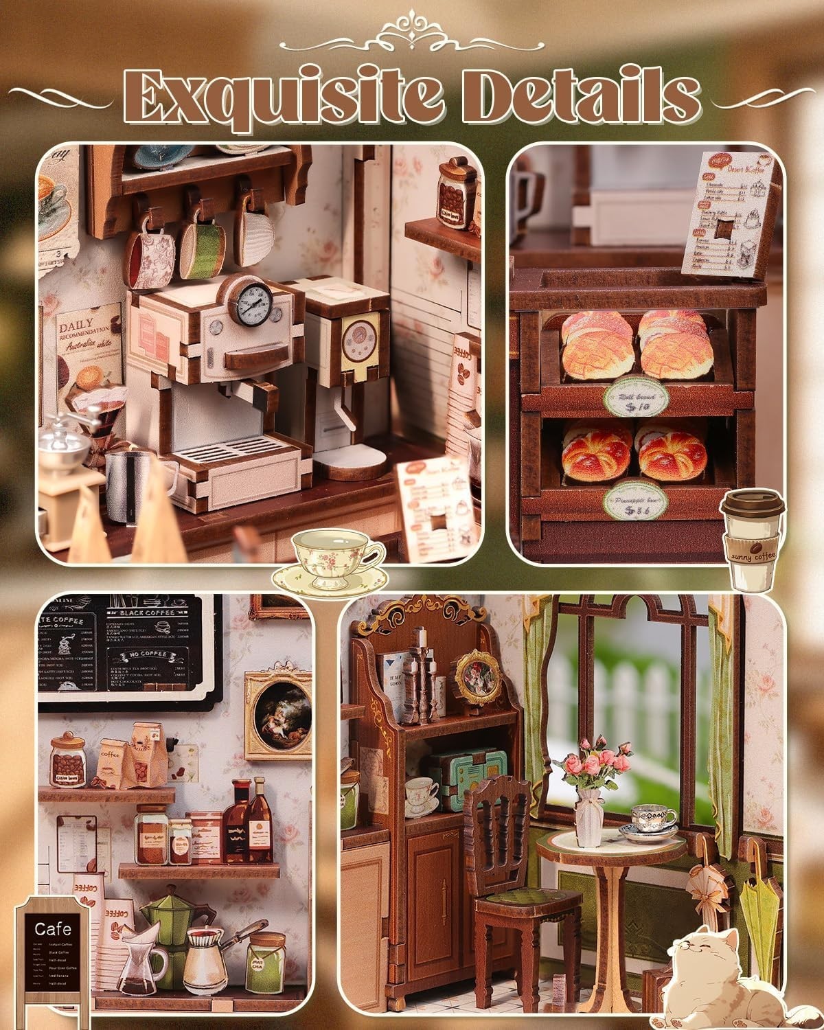 DIY Book Nook Kit Sunny Cafe Miniature House LED Wooden Bookend Decor