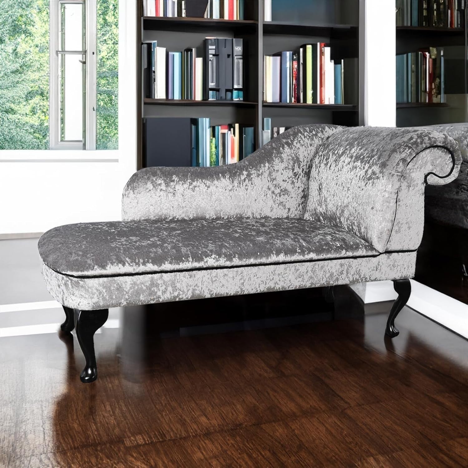Silver Velvet Chaise Lounge Sofa | Right Hand | Queen Anne Legs | 135cm