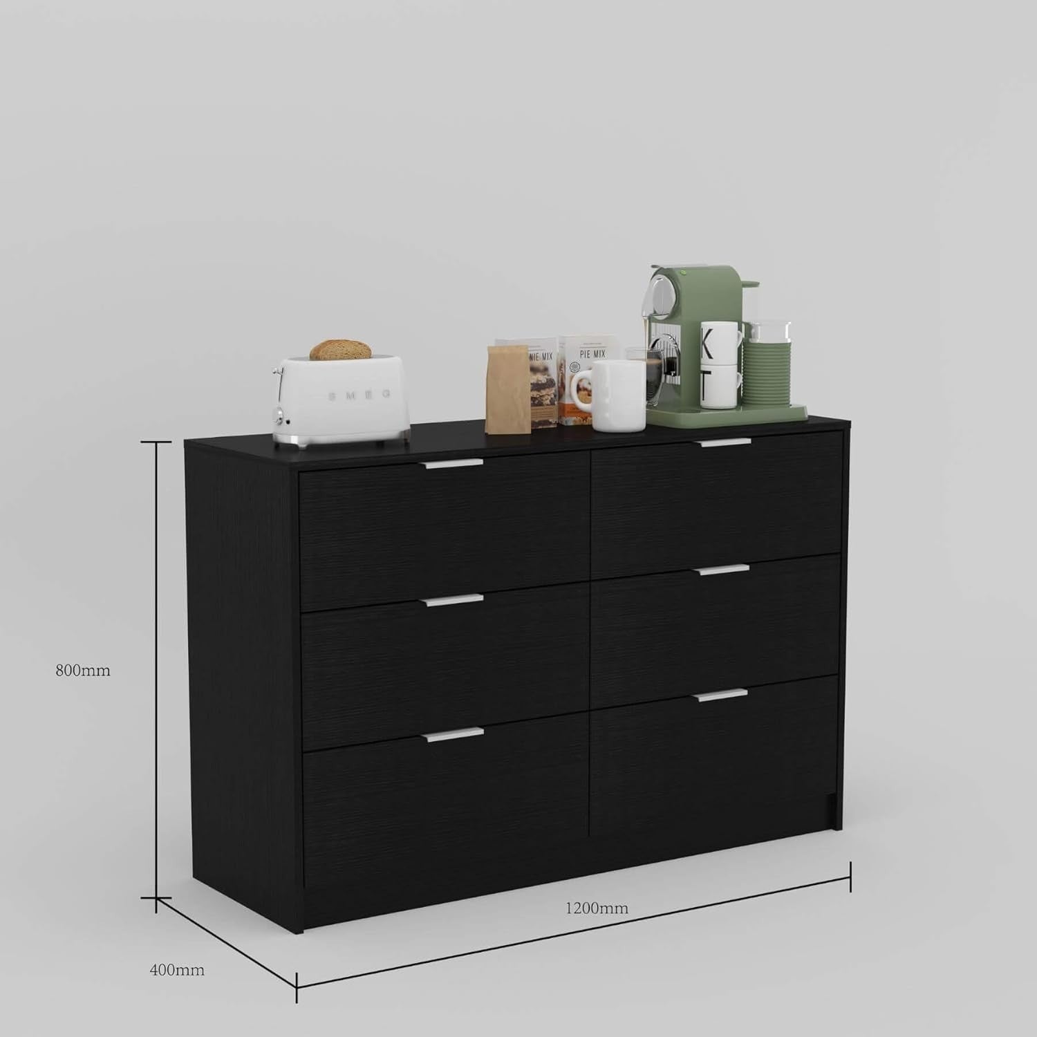 Black 6 Drawer Wide Chest Bedroom Storage Cabinet Modern Clothes Unit