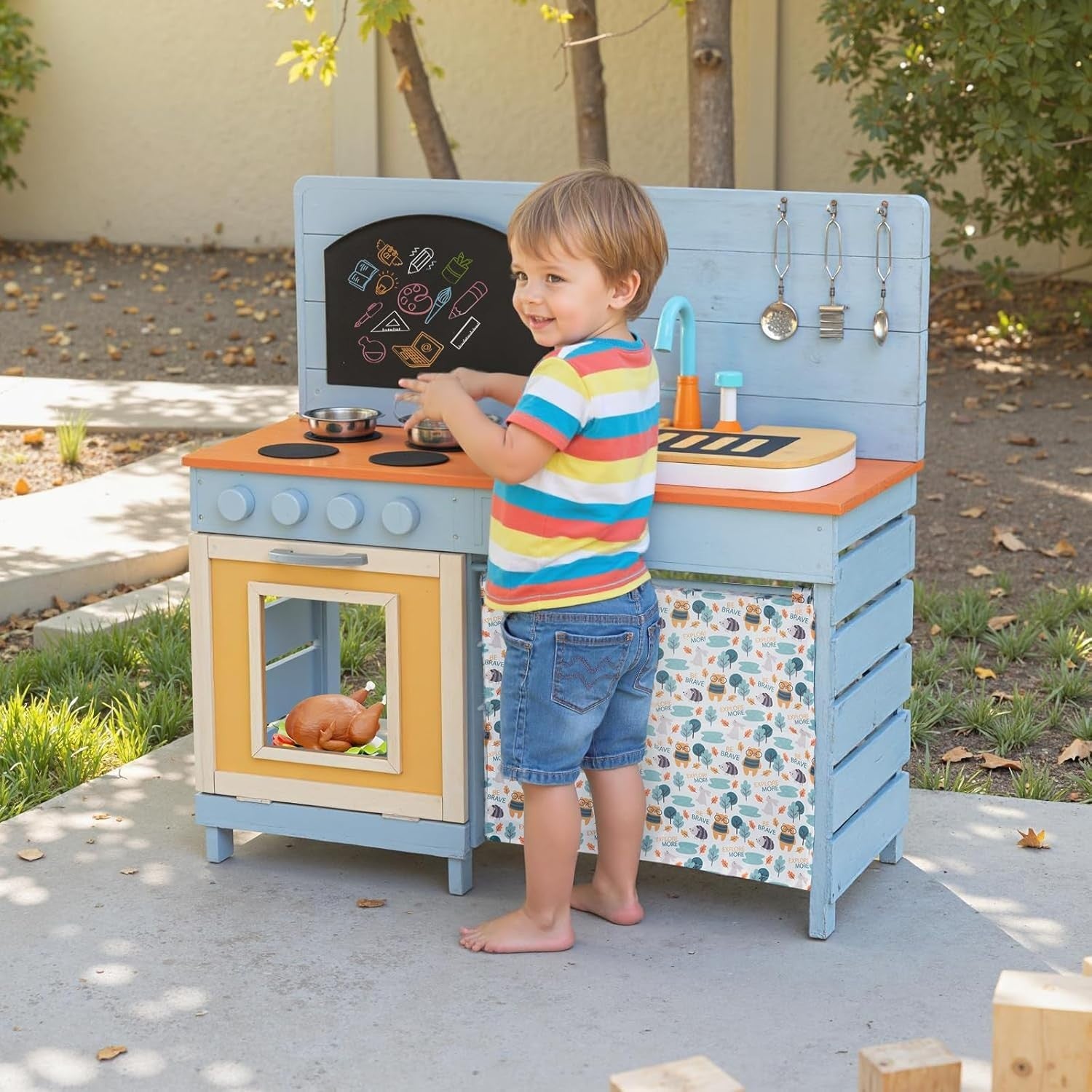Outdoor Mud Kitchen Wooden Kids Playset Sink Chalkboard Toy Set