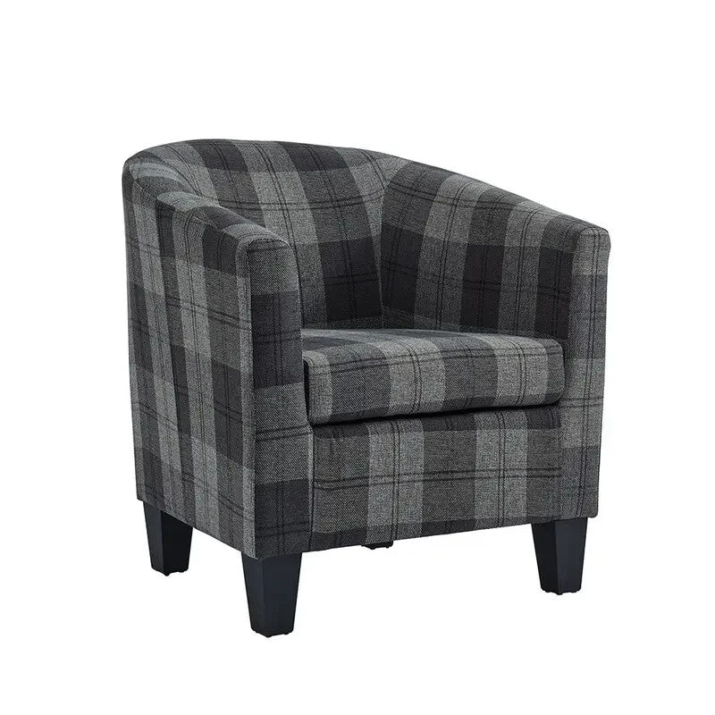 Accent Tub Chair Grey Tartan Fabric Armchair Padded Seat Lounge Sofa