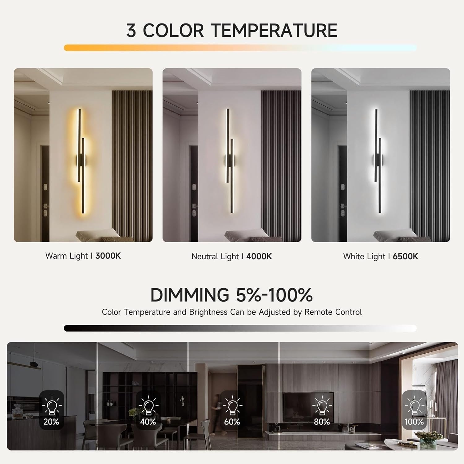 Dimmable LED Wall Light 100cm Modern Remote Control Warm-Cool White Lamp
