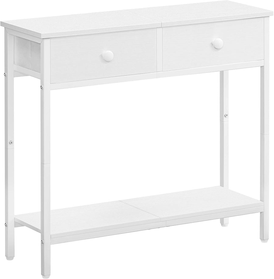 White Slim Console Table with Drawers & Shelf, Narrow Entryway Storage