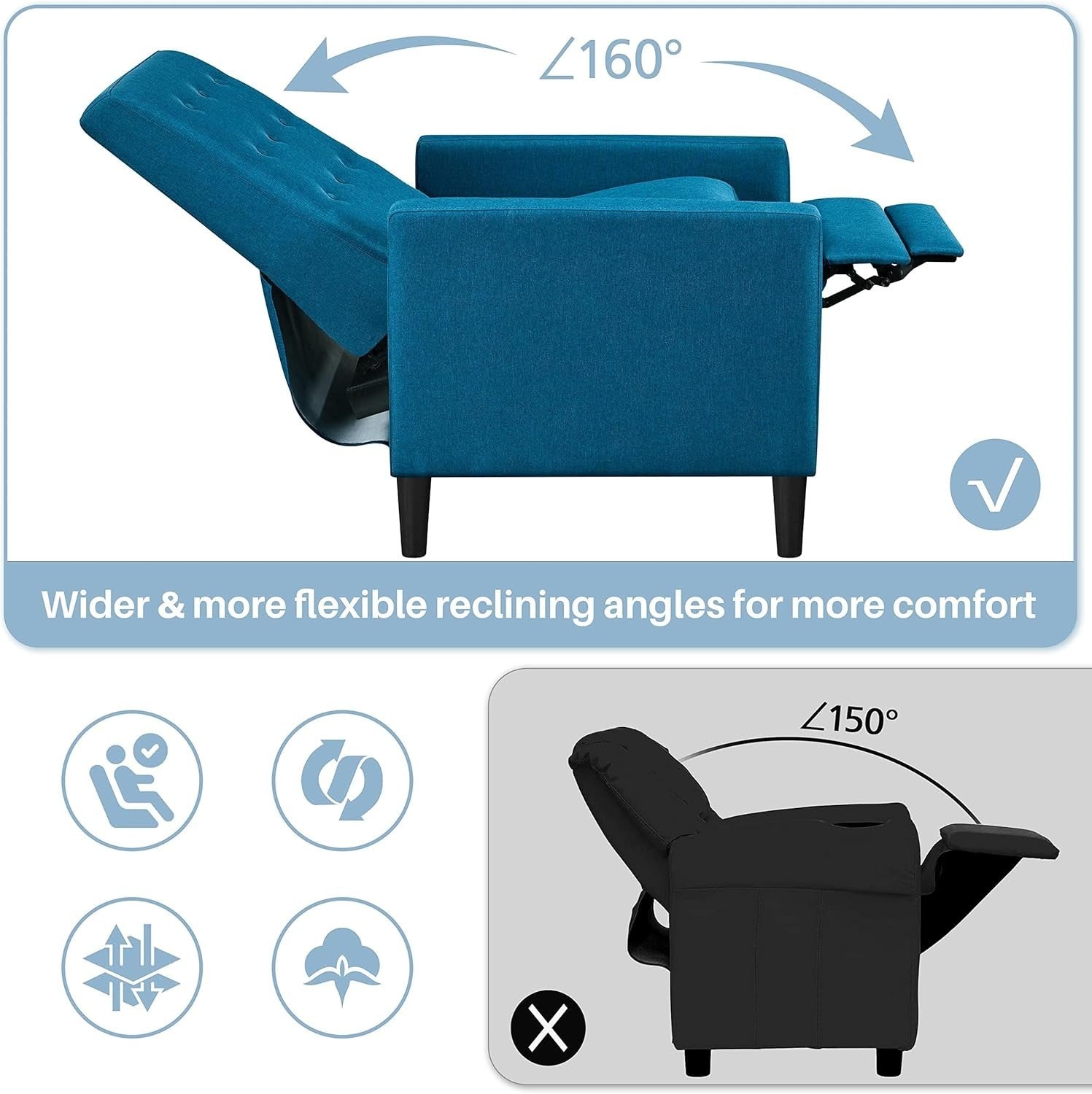 Blue Fabric Recliner Chair Adjustable Padded Seat Sofa Living Room Couch