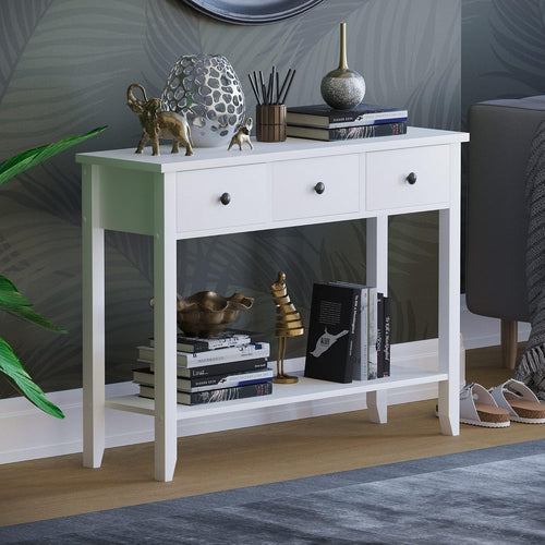 White Hallway Console Table 3 Drawer Storage Shelf Modern Slim Entryway