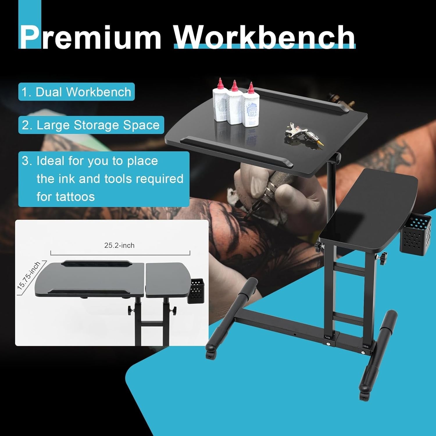 Tattoo Workstation Adjustable 360° Rotating Table Mobile Studio Wheels