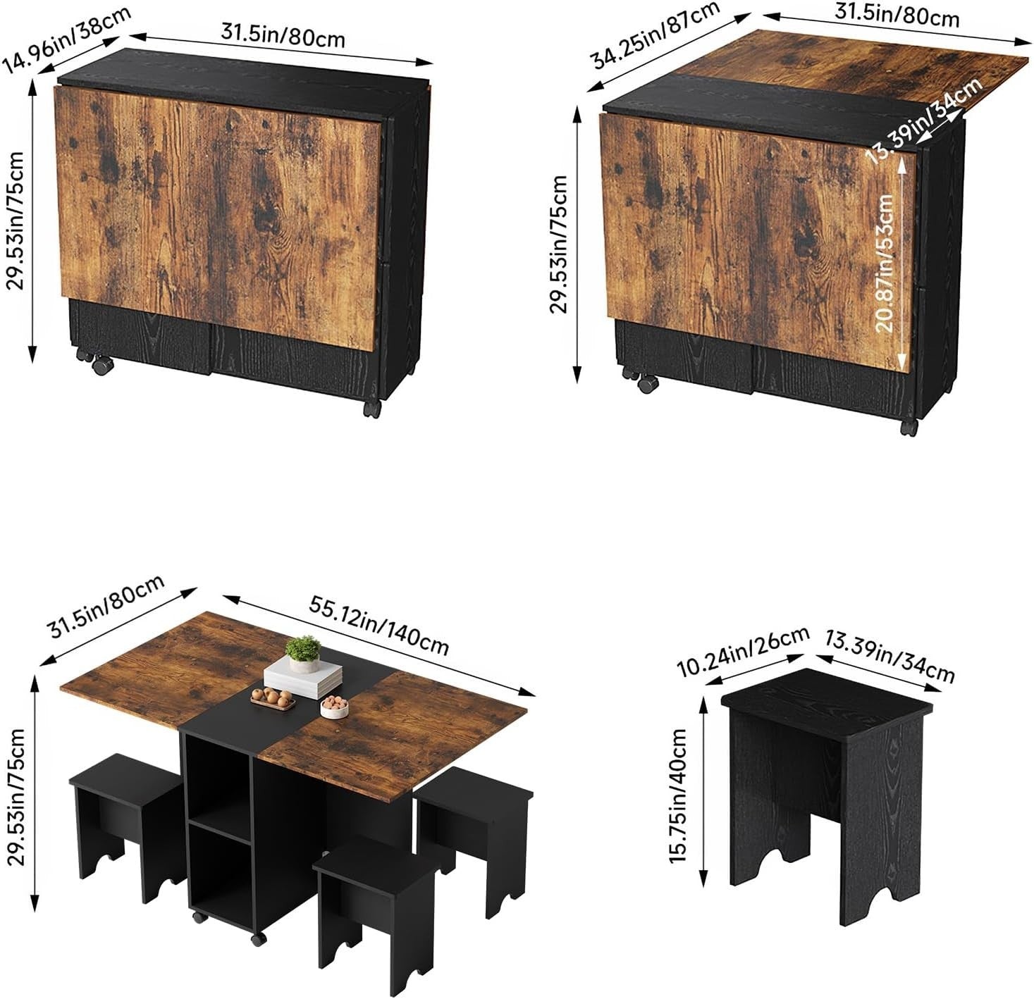 Foldable Dining Table Set with 4 Stools 140x80cm Space-Saving Kitchen Furniture
