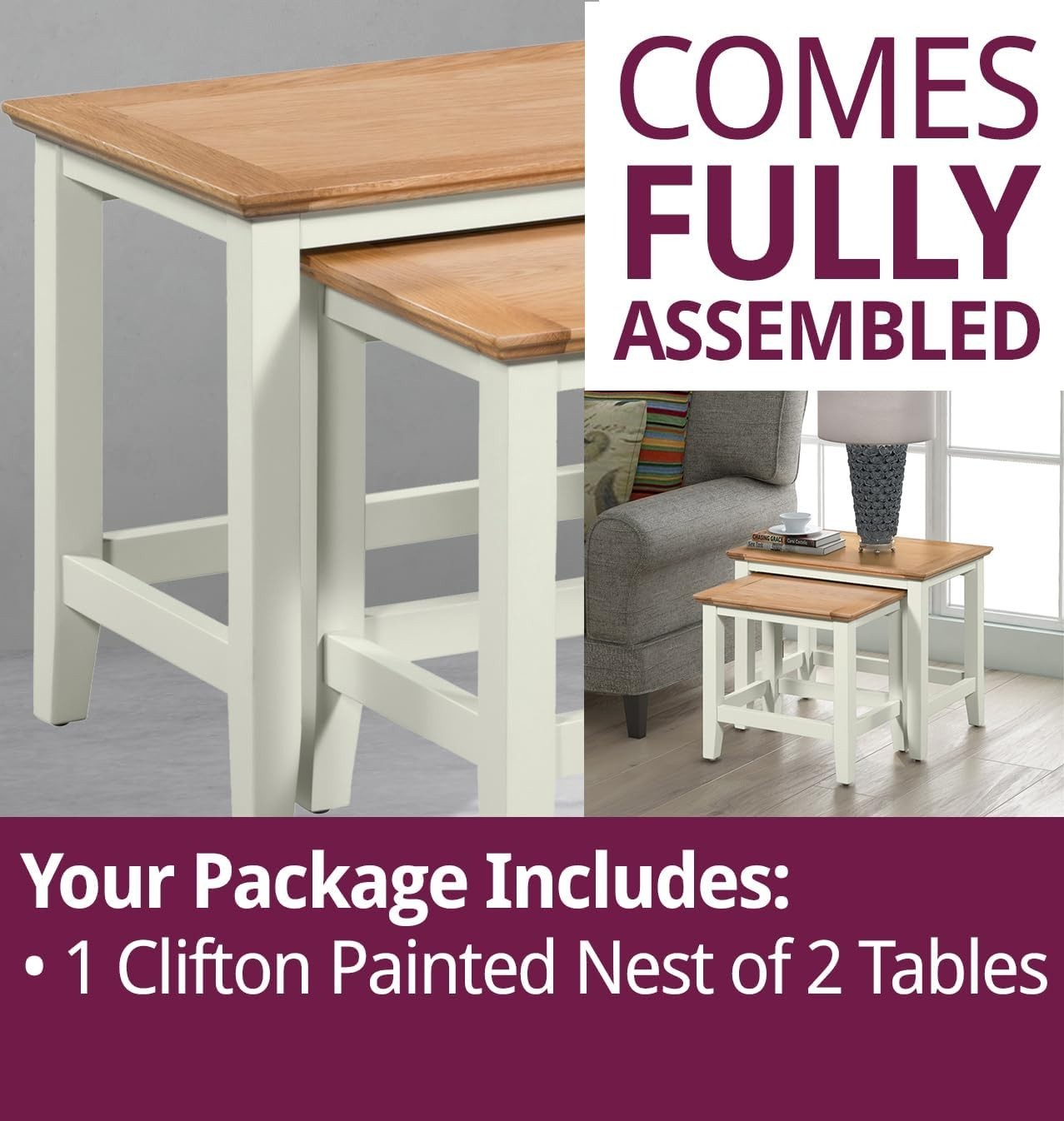 2 Nesting Coffee Tables Set Oak Top White Living Room End Side Table Modern