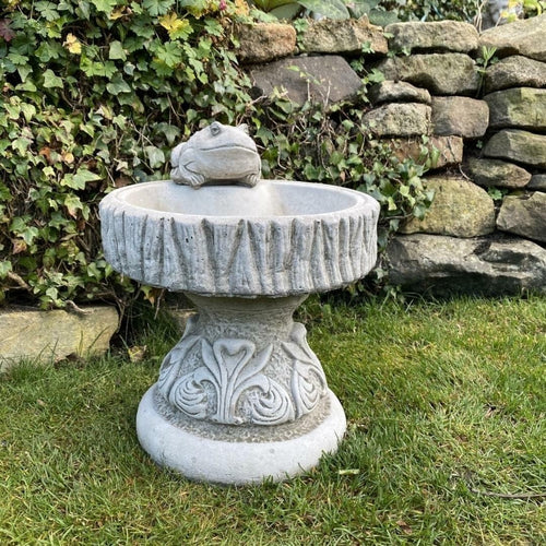 Round Stone Bird Bath with Frog | Hand Finished Garden Ornament Sculpture