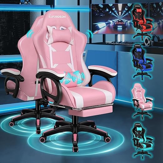 ELFORDSON Gaming Chair w/ 2-Point Massage Lumbar Pink