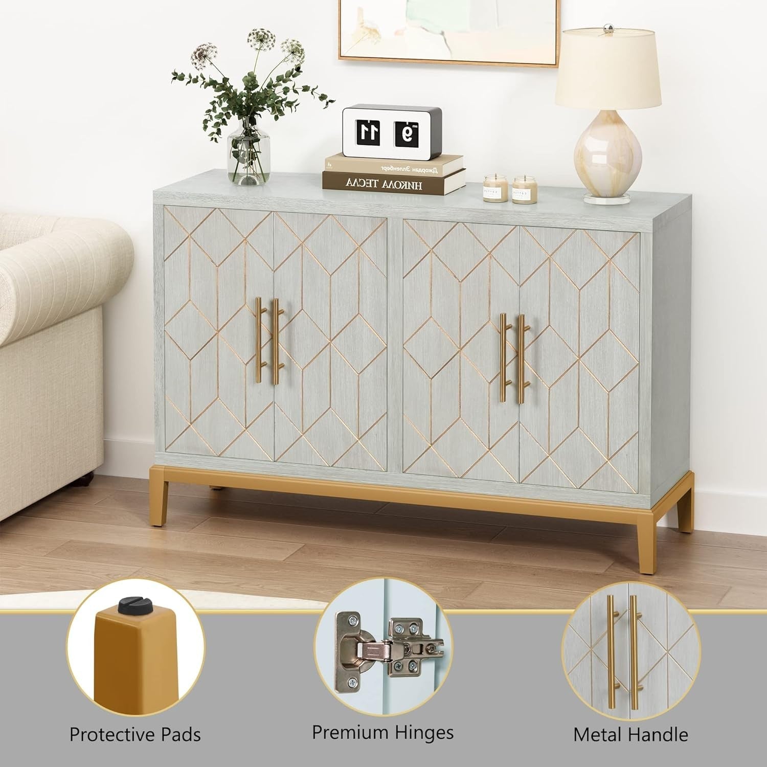 Luxury 4 Door Sideboard Cabinet Storage Unit Gold Trim Buffet Cupboard