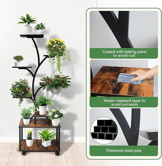 8 Tier Metal Wood Plant Stand with Grow Light Tall Flower Shelf Indoor Outdoor