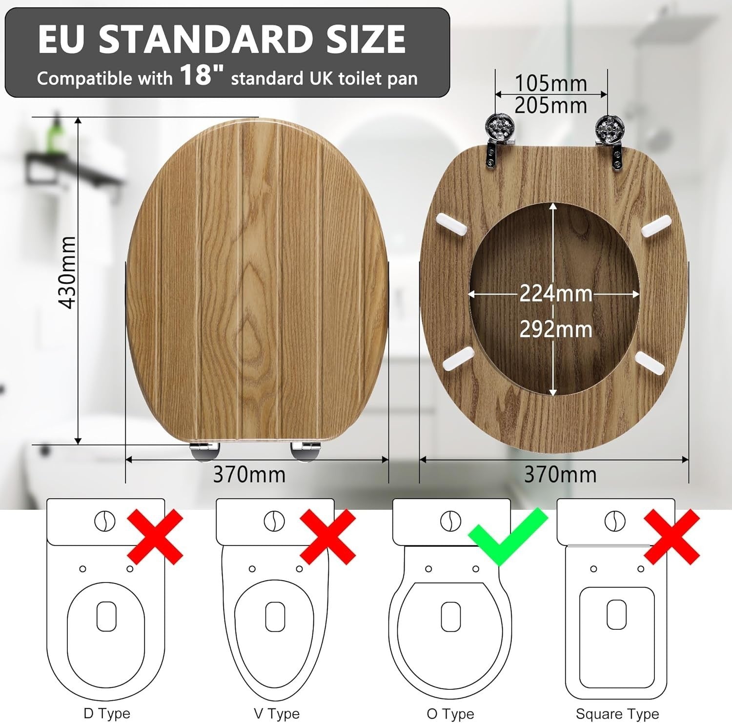 Striped Oak Wooden Toilet Seat | MDF Oval Design Adjustable Hinges 107–203mm