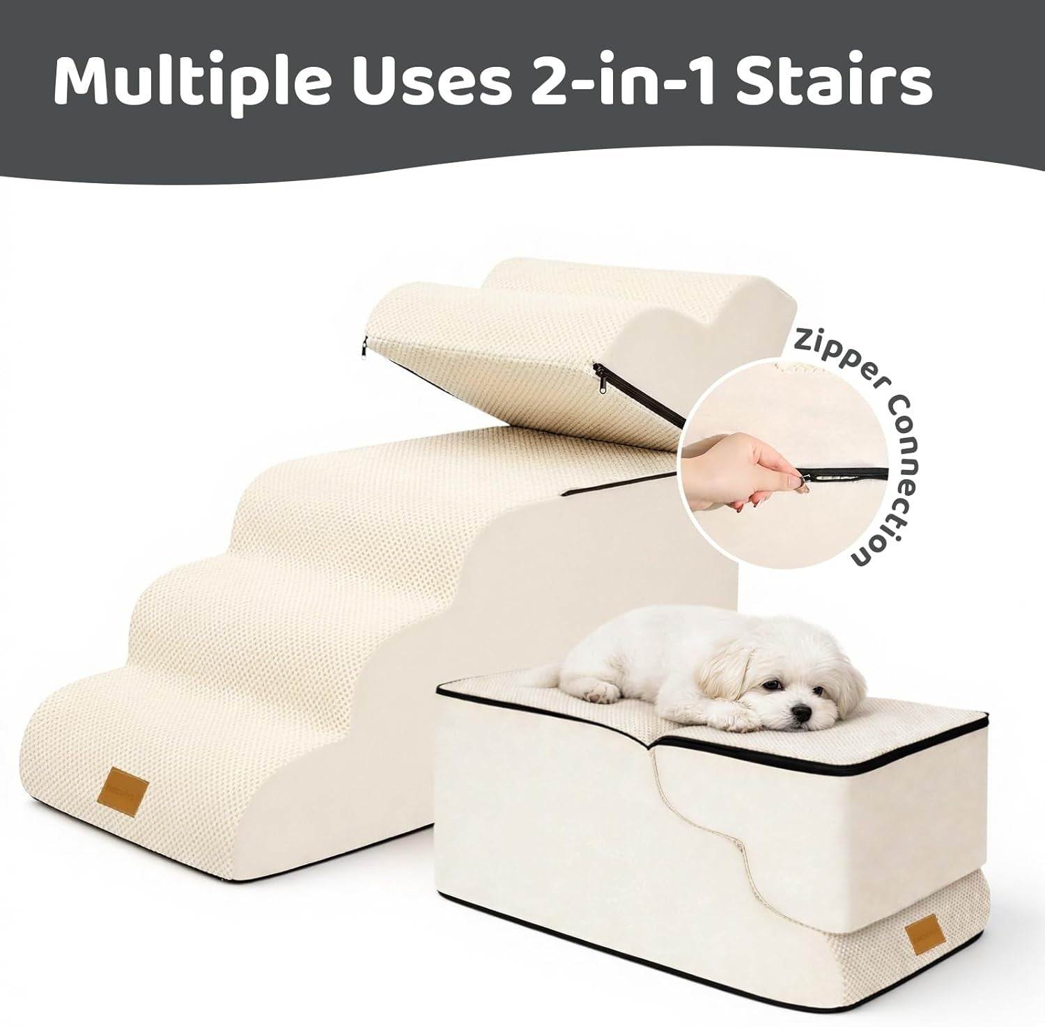 Dog Steps for Bed 5Step Non-Slip Pet Stairs Ladder Foam Ramp with Plush Cover