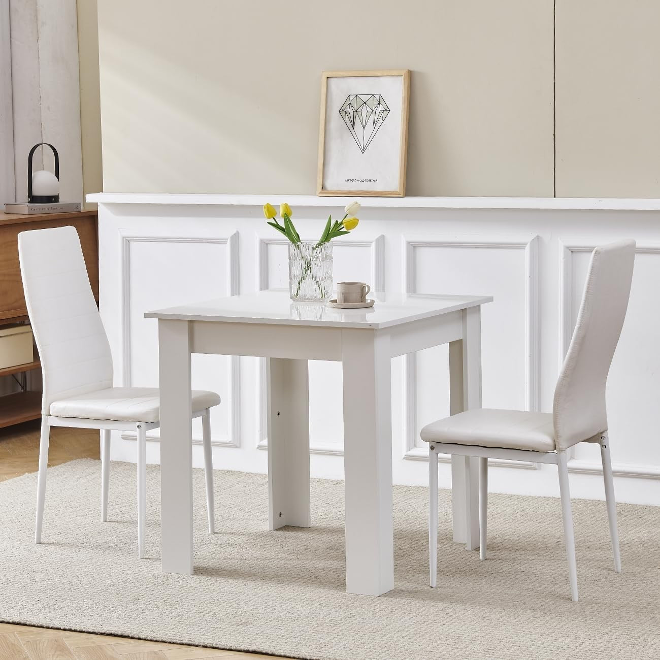 Space-Saving Modern White Dining Table & 2 PU Chairs Set for Small Rooms