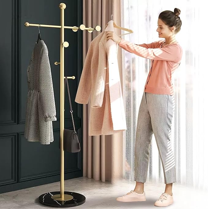 Luxury Gold T-Shaped Coat Rack Metal Stand with Marble Base & 8 Hooks Home
