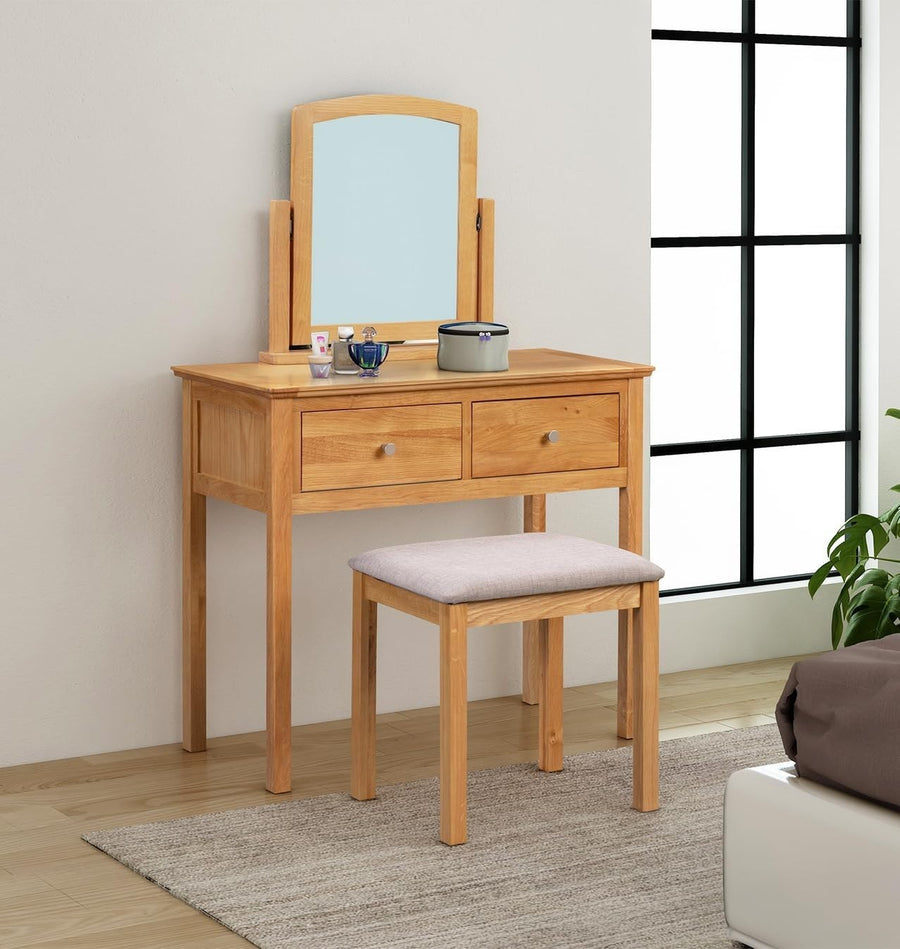 Light Oak Dressing Table Vanity Set Mirror Stool 2 Drawer Storage Bedroom