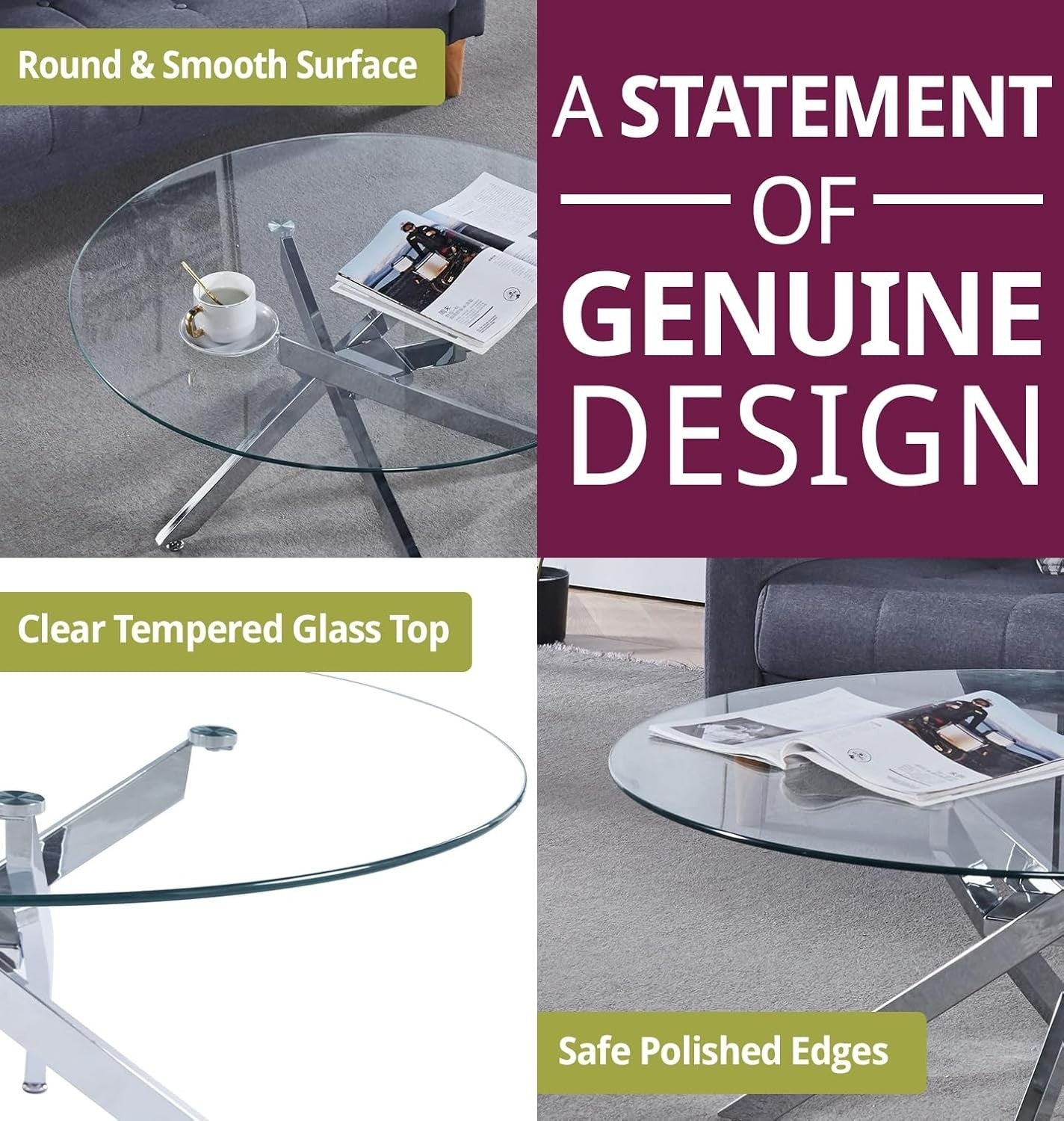 Modern Round Glass Coffee Table with Chrome Legs – Compact 90x43cm