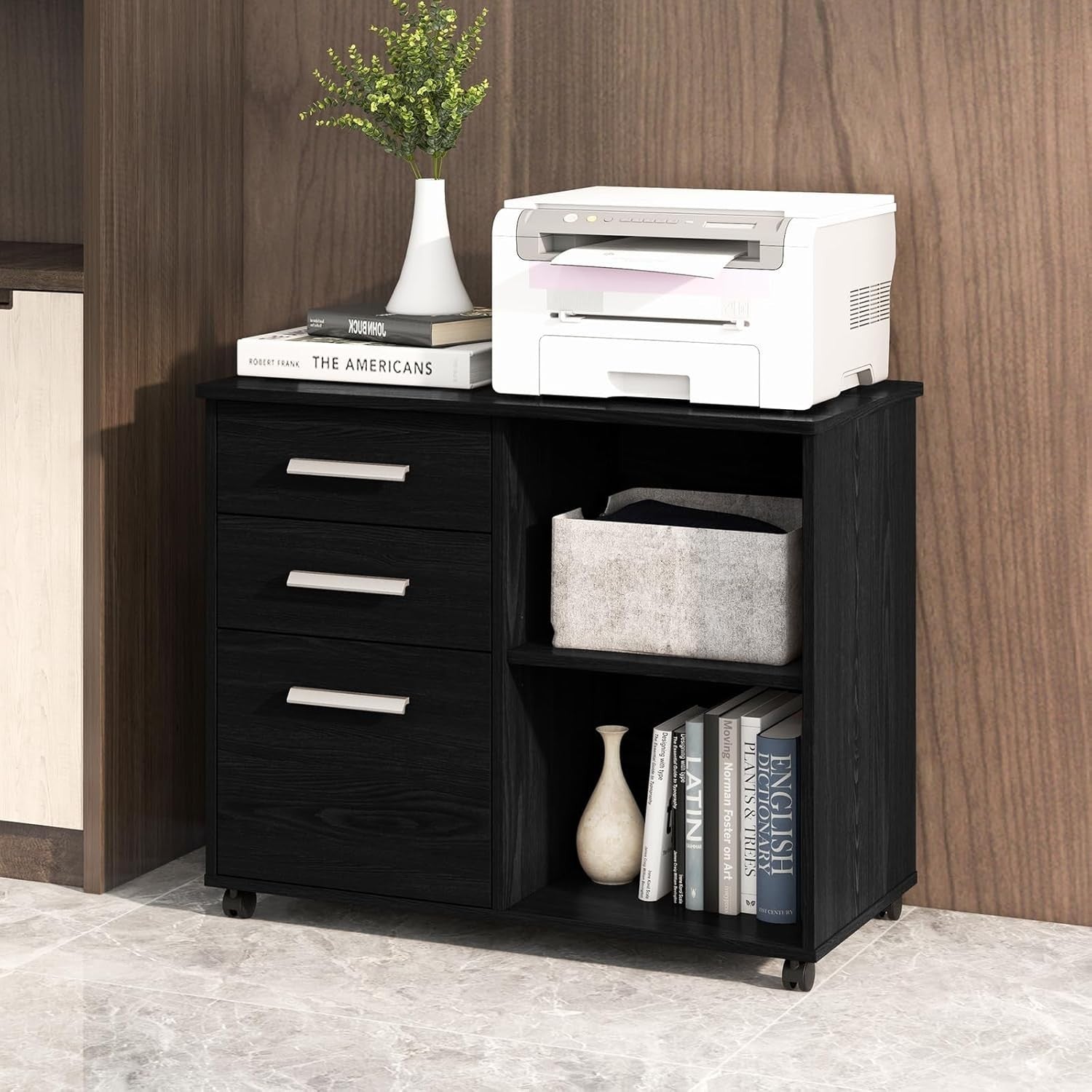 3 Drawer Mobile Filing Cabinet with Shelves Under Desk Office Storage Black