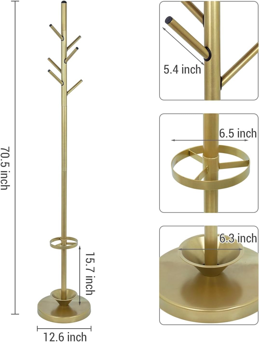 Modern Brass Metal Coat Rack with Umbrella Holder | 6 Hook Hall Stand