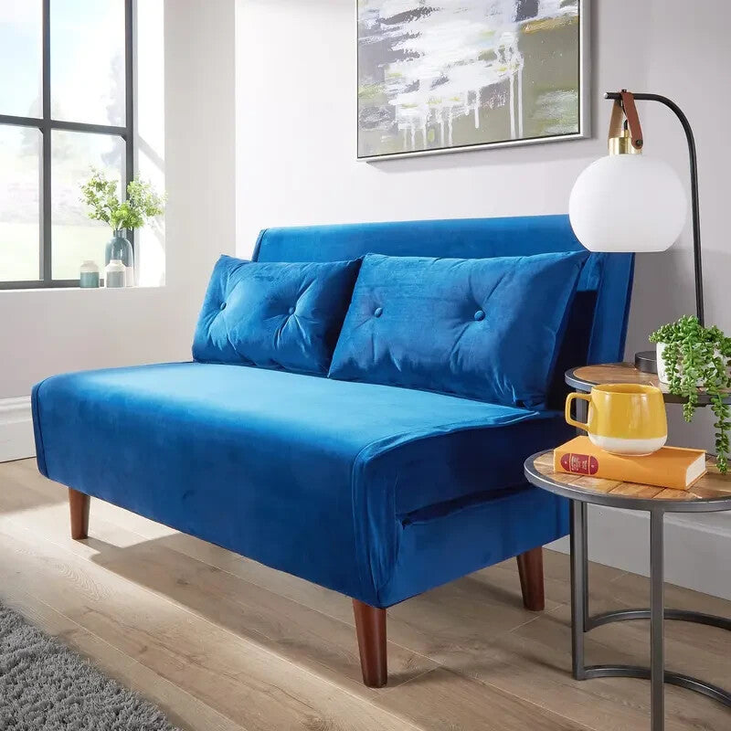 Velvet Double Sofa Bed Blue Folding Chair Sleeper Seat with Pillows