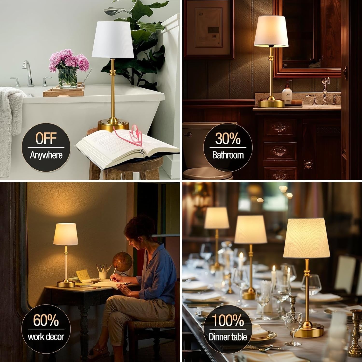 Rechargeable Cordless Table Lamp Touch Dimmable Gold Fabric Shade 40cm