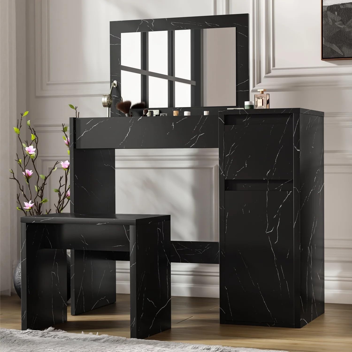 2-in-1 Vanity Desk Makeup Table Flip Mirror Storage Stool Black Marble Wood