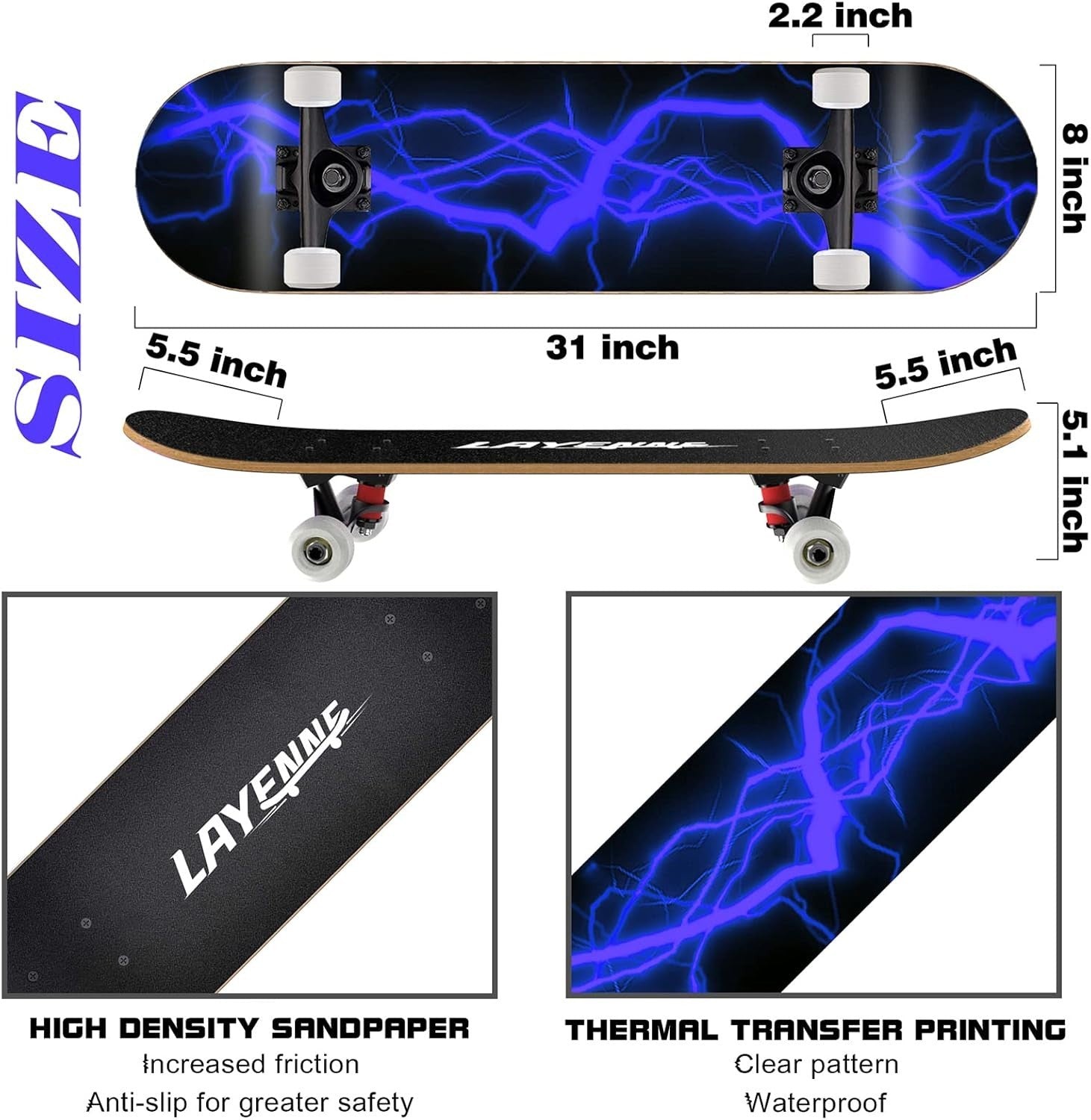 31" Maple Skateboard for Adults & Teens | 7-Layer Deck | ABEC-11 Bearings | Blue