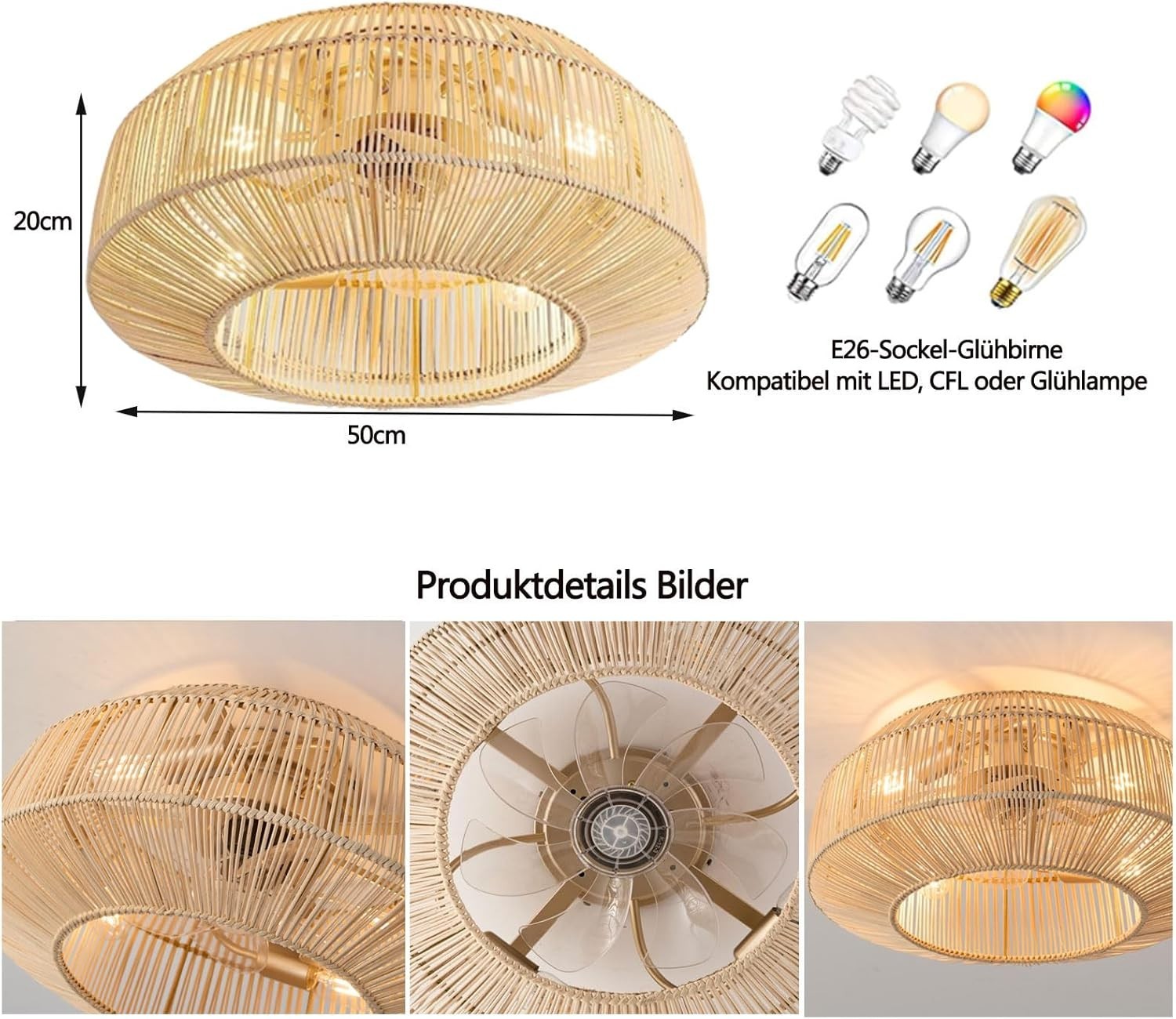 MiiR Rattan Ceiling Fan with Light, 6-Speed, Remote, Vintage Bamboo Design