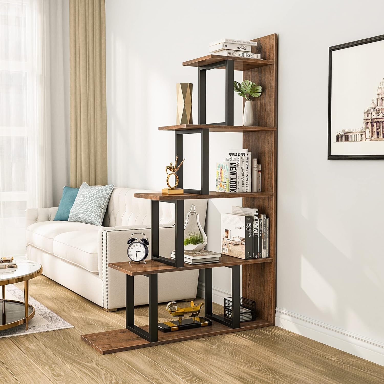 5-Tier L-Shaped Ladder Bookcase | Industrial Retro Brown Corner Shelf Unit