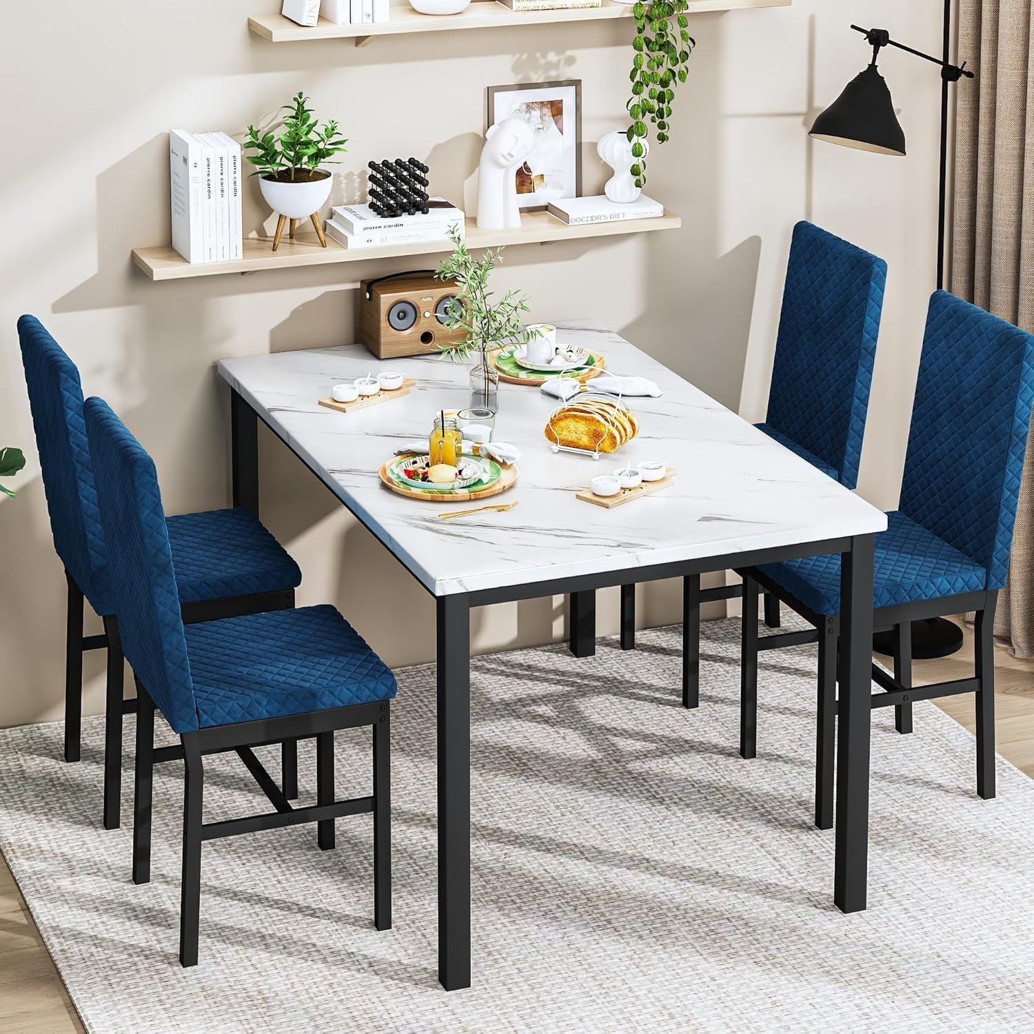 5-Piece Dining Table Set with Faux Marble Top & 4 Velvet Chairs, White & Blue