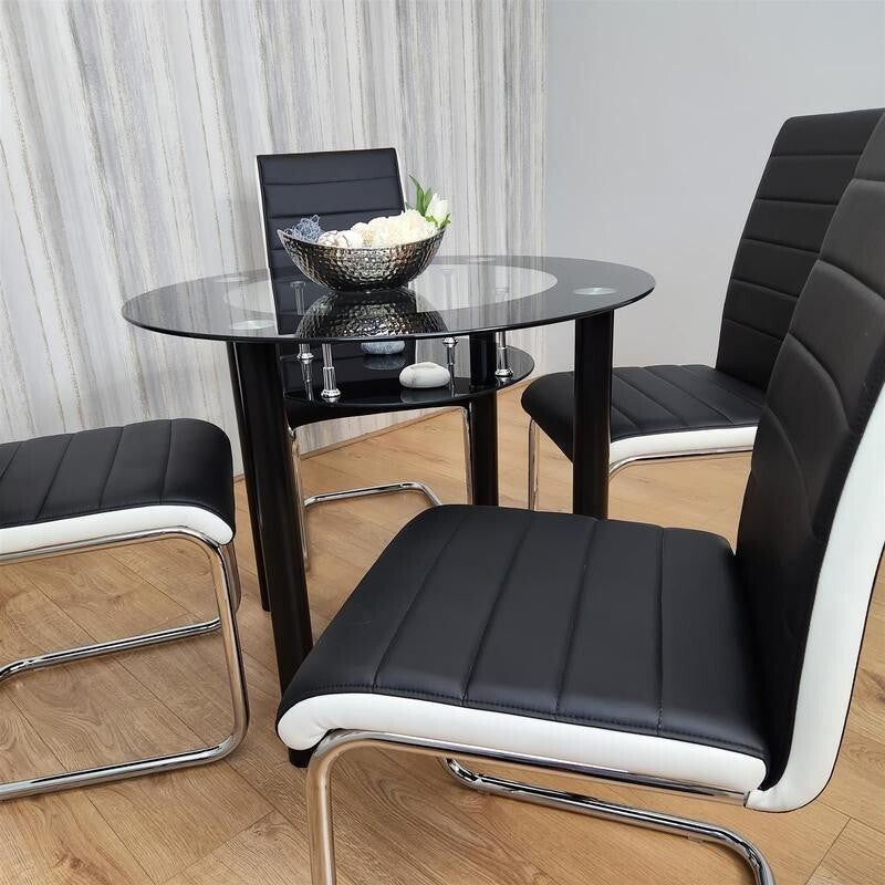 Round Glass Dining Table Set 4 Faux Leather Chairs Modern Kitchen