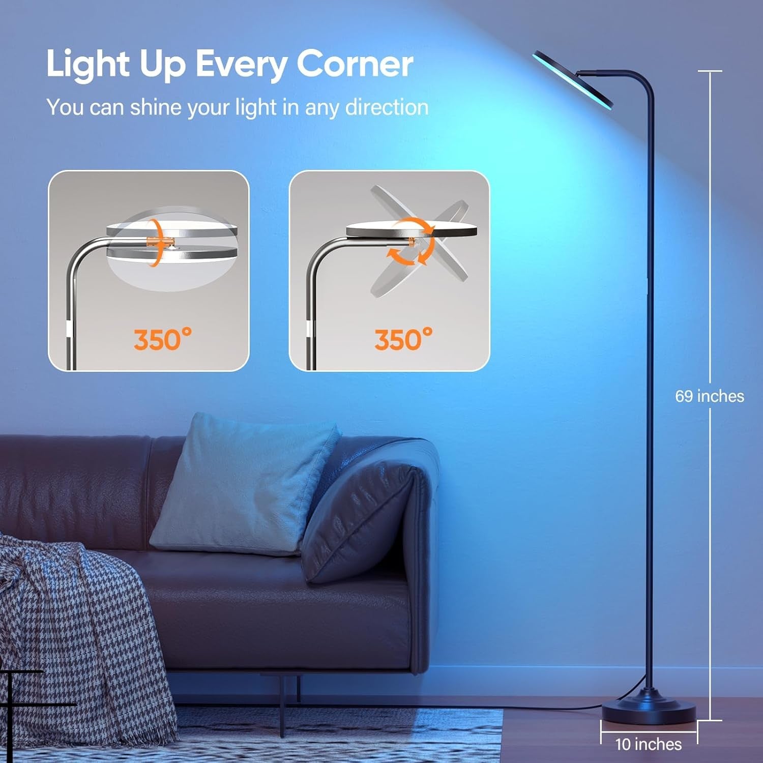 RGB LED Floor Lamp 36W Remote Dimmable 350° Rotating Modern Standing Light