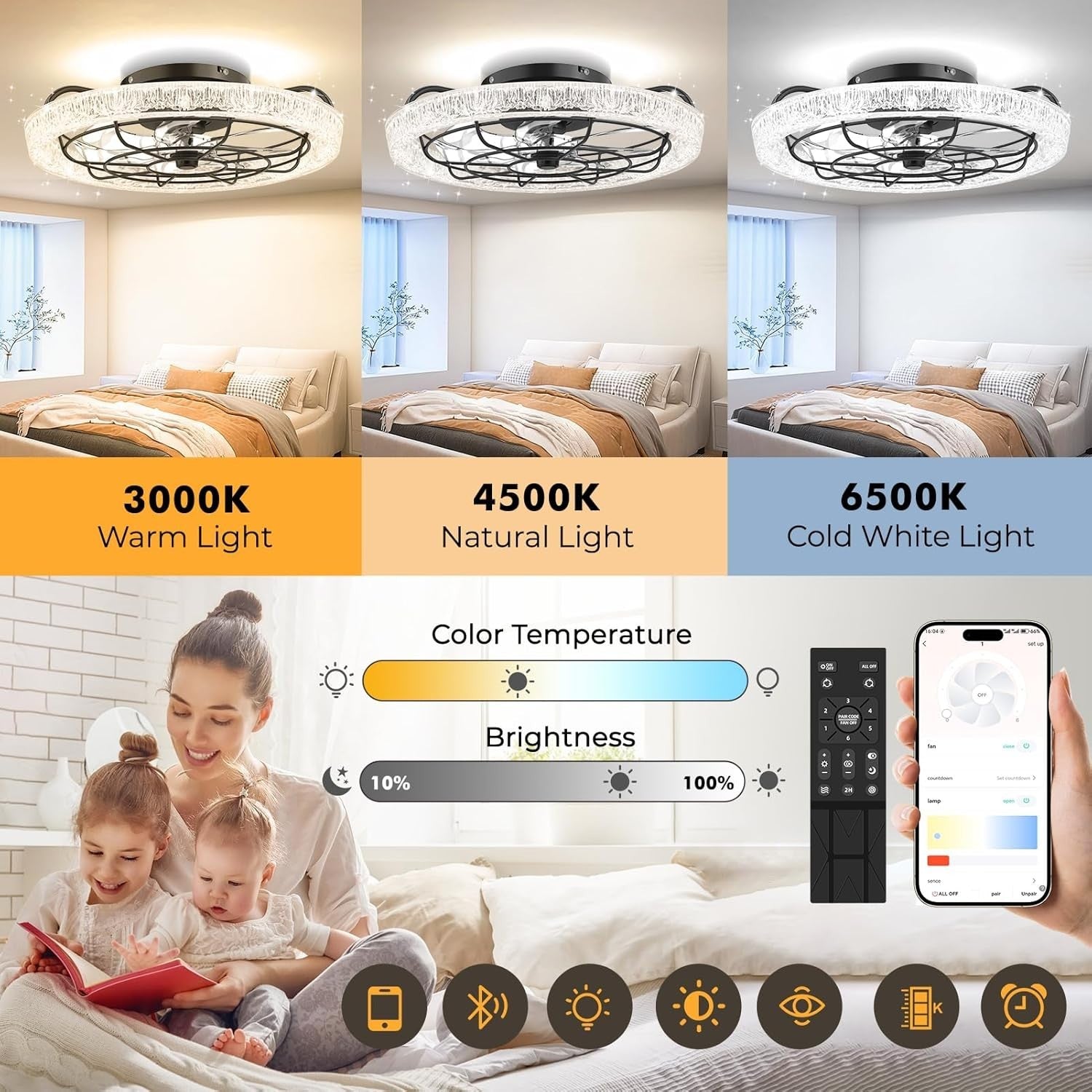 Bellanny 49CM Ceiling Fan, 6 Speeds, Dimmable LED, Reversible, Quiet Motor