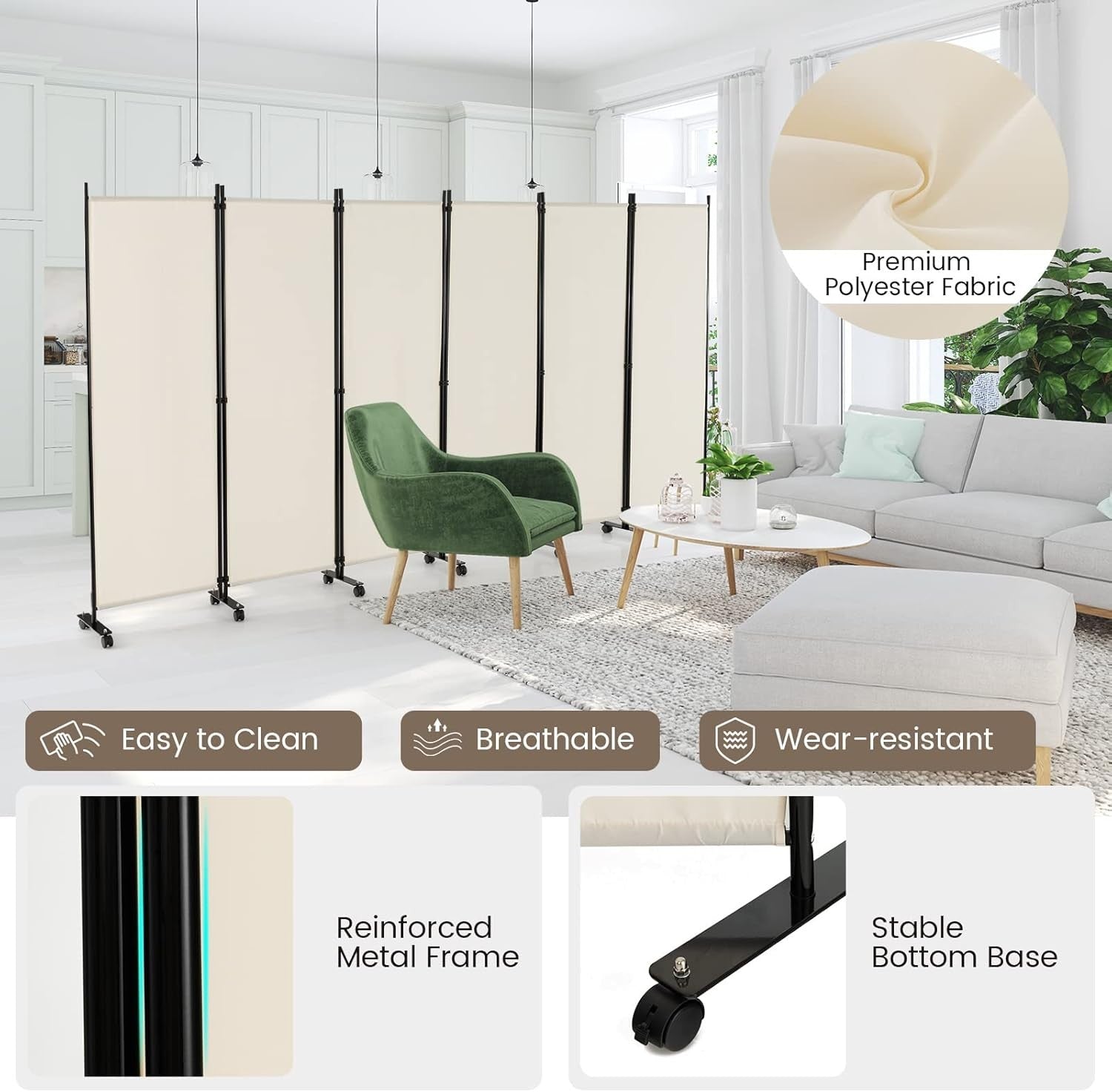 6 Panel White Folding Room Divider Privacy Screen Metal Frame 335x172cm