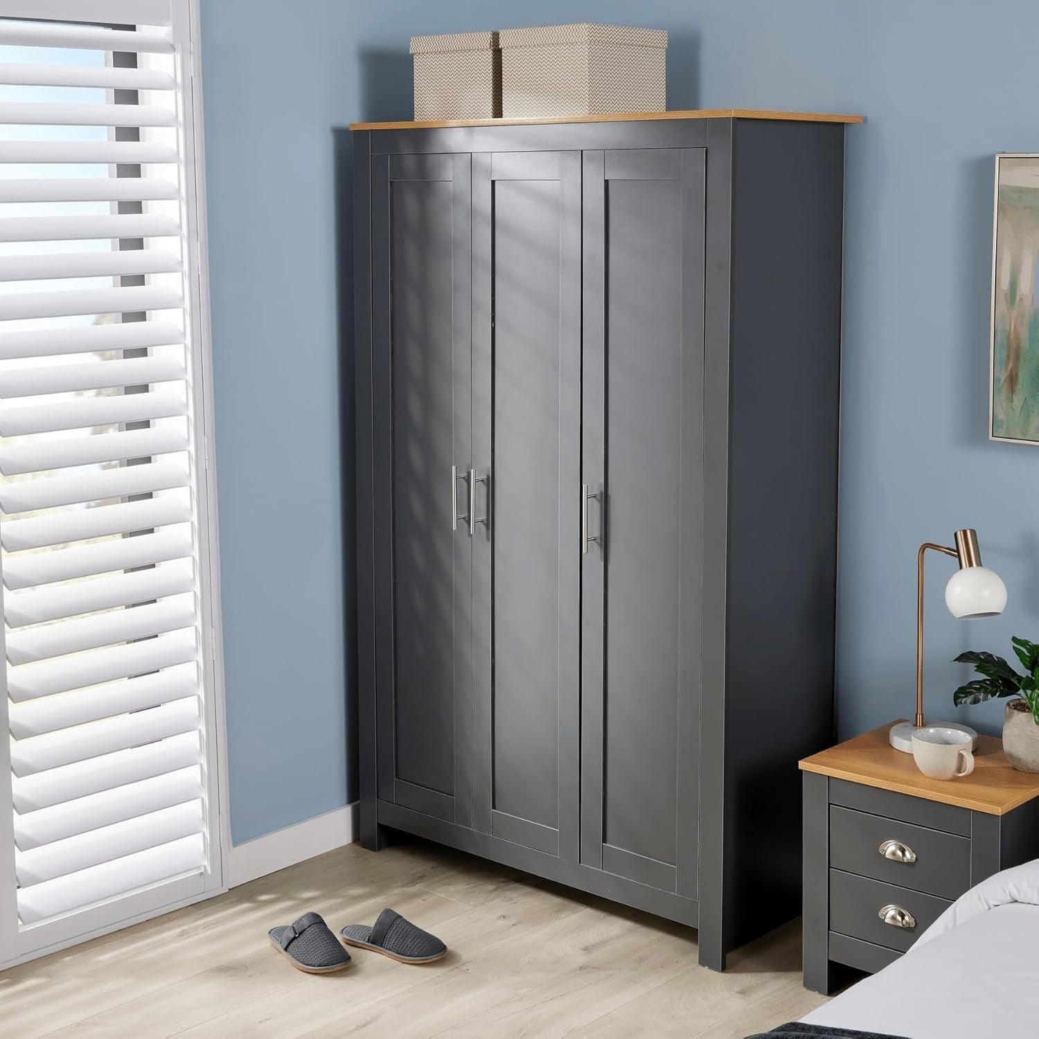 3 Door Dark Grey Wardrobe with Hanging Rail & 5 Shelves for Clothes