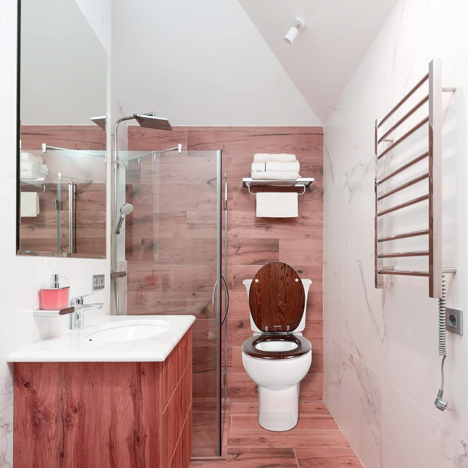 Angel Shield Wooden Toilet Seat Antibacterial Oval Dark Walnut Adjustable Zinc