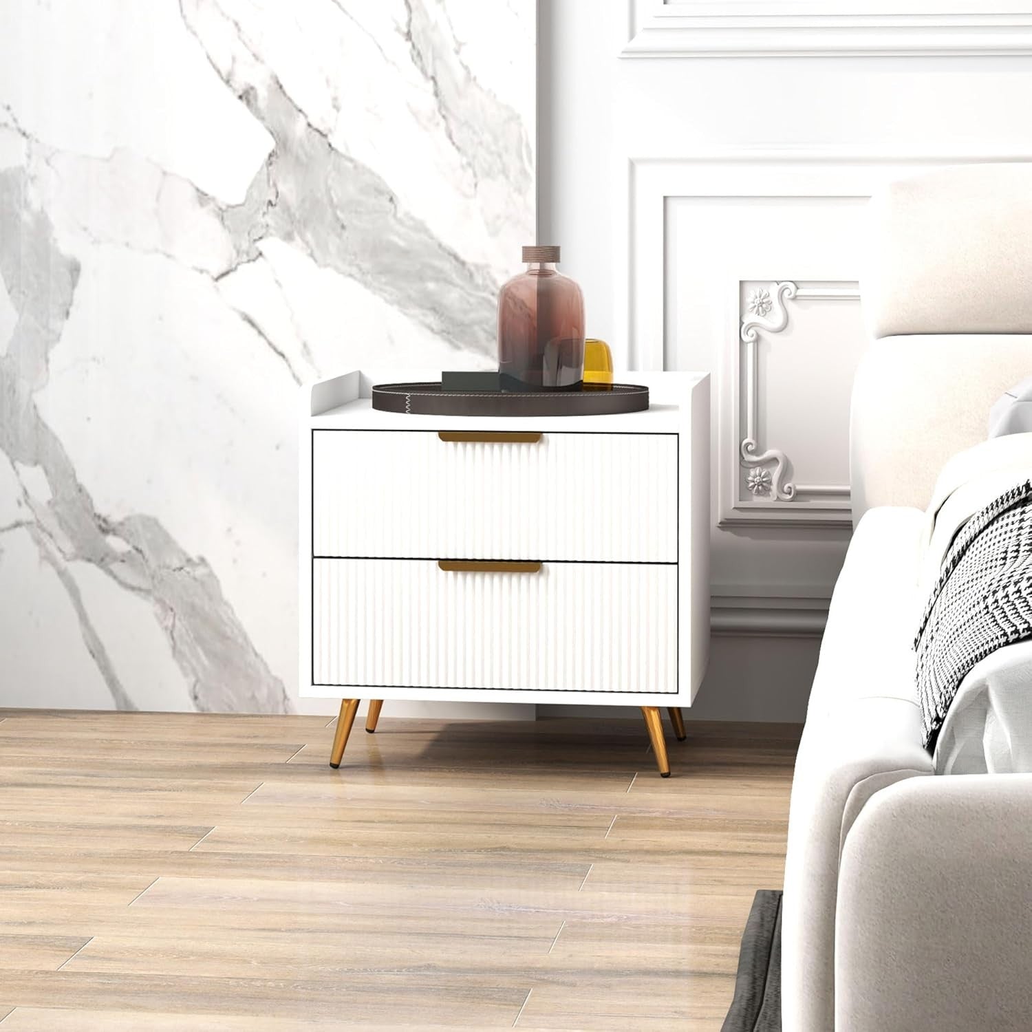 Modern White Bedside Table with 2 Drawers & Gold Metal Legs | Elegant Nightstand