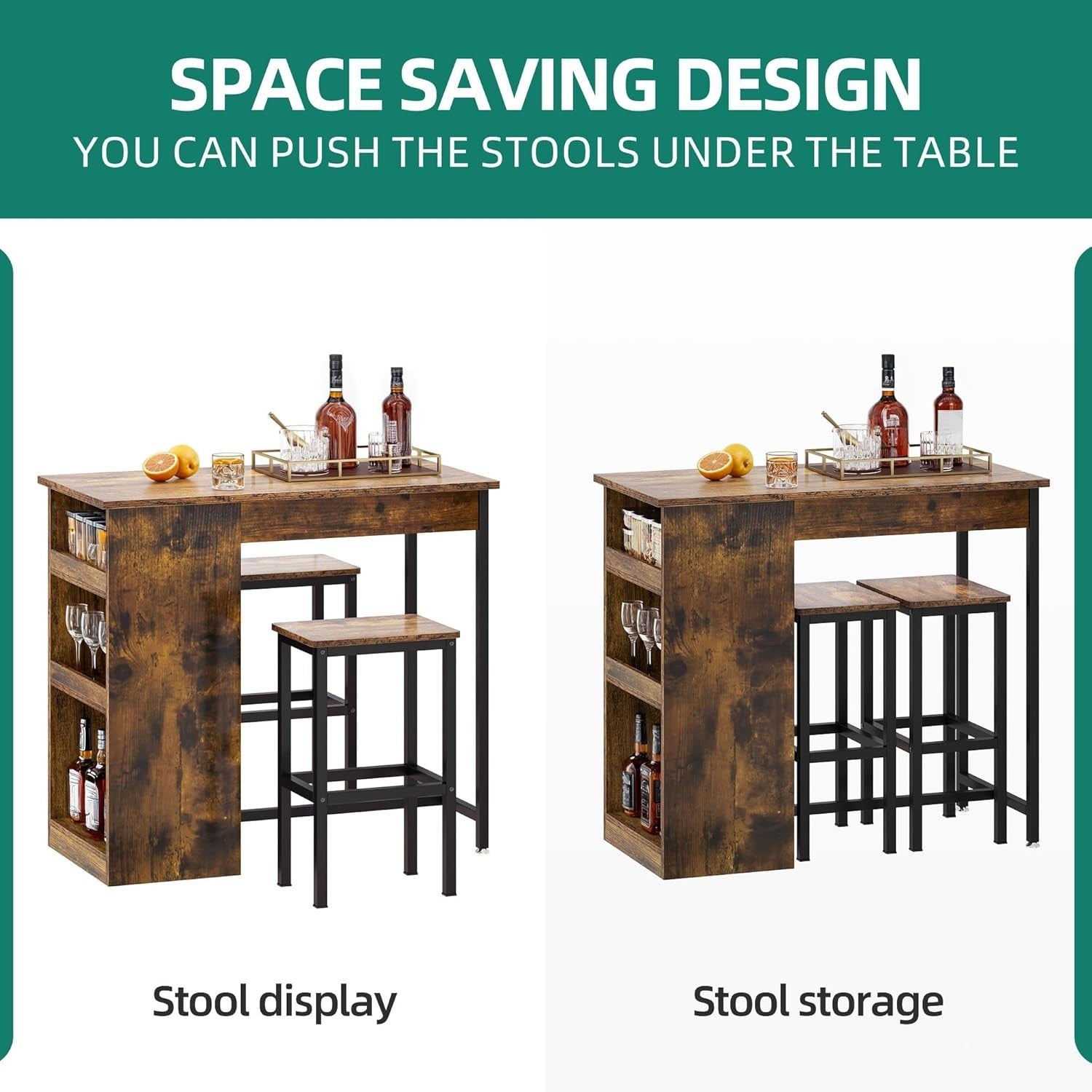 Rustic Brown Bar Table Set with Storage Shelves & 2 Stools Space Saving Home
