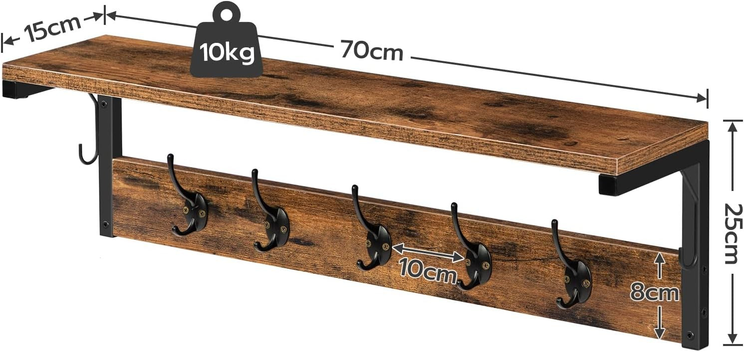 Rustic Wall Coat Rack with Shelf 7 Hooks 70cm Hallway Entryway Organizer