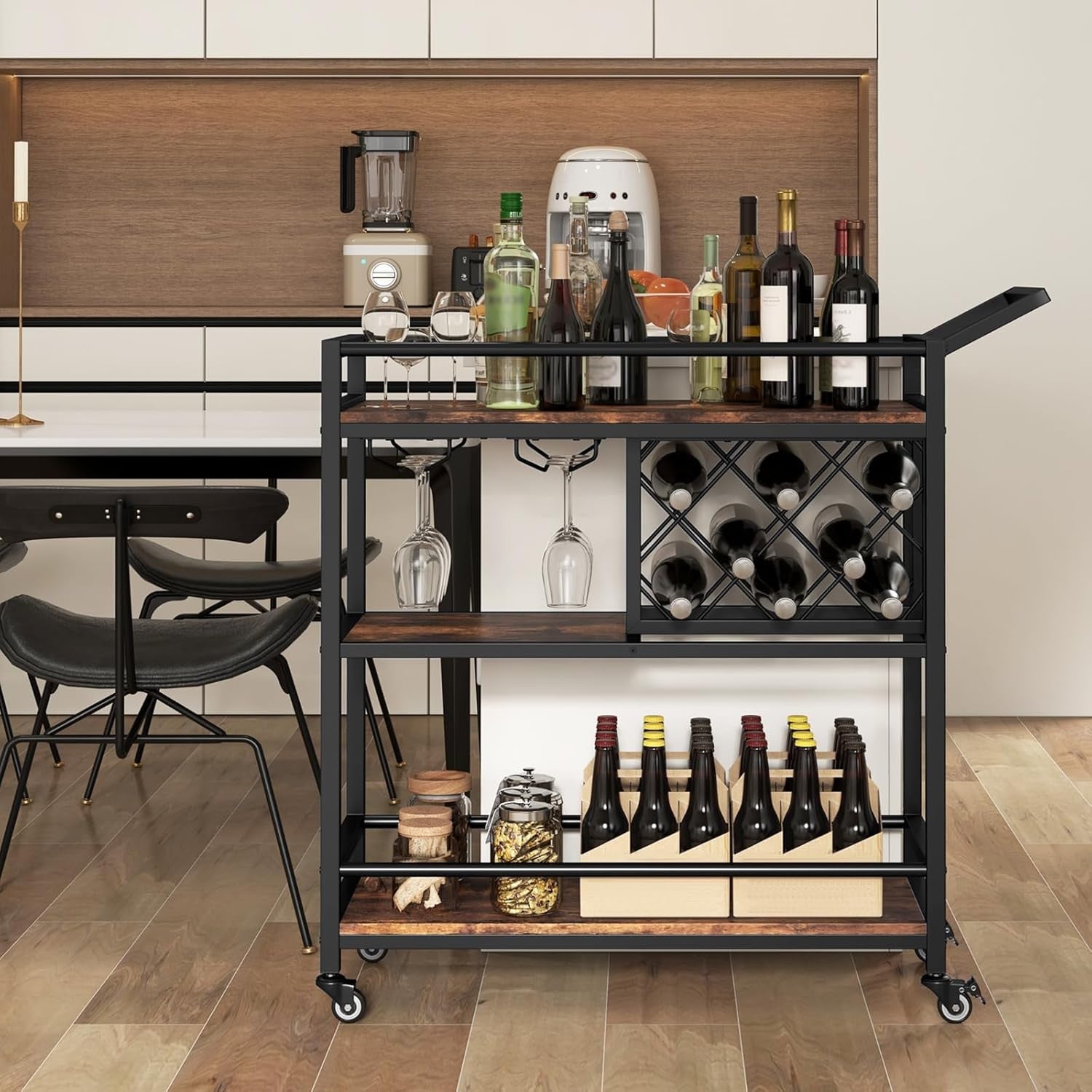 3 Tier Rolling Serving Cart Drinks Trolley Wine Rack Glass Holder on Wheels