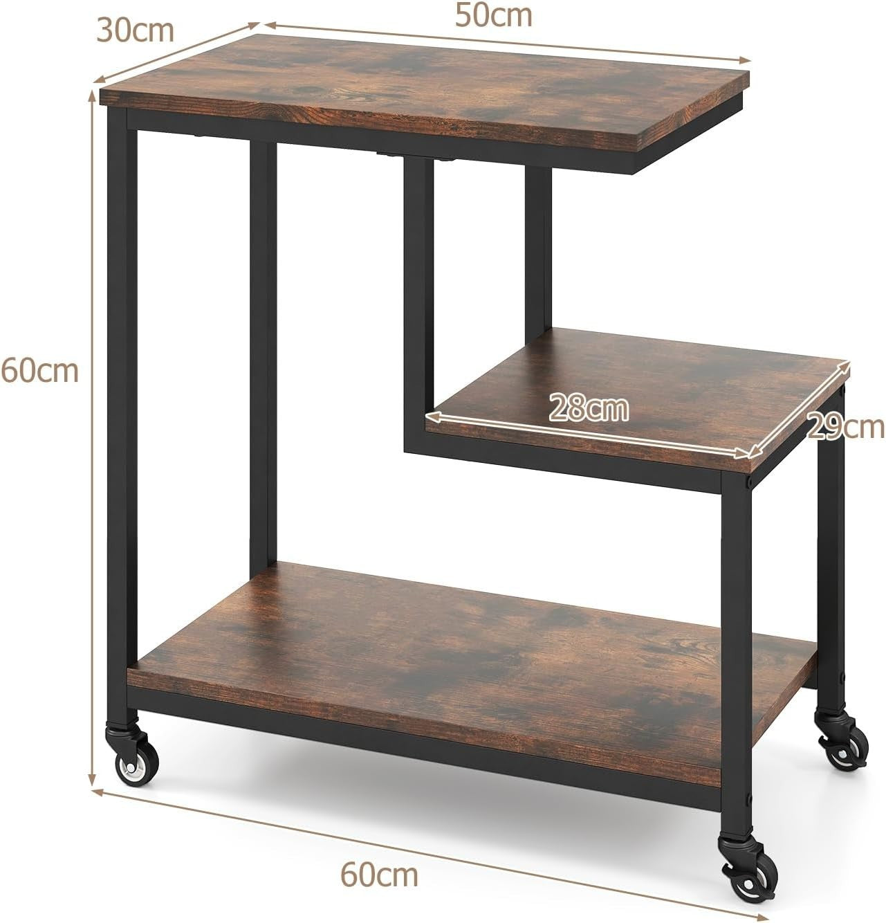 3-Tier G-Shaped Sofa Side Table with Wheels | Storage Shelf & End Stand