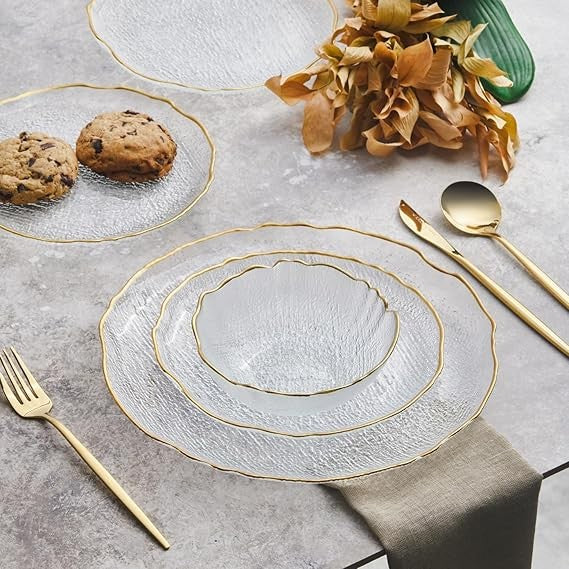 12 Piece Glass Dinnerware Set for 4 Gold Rim Plates Bowls Luxury Tableware