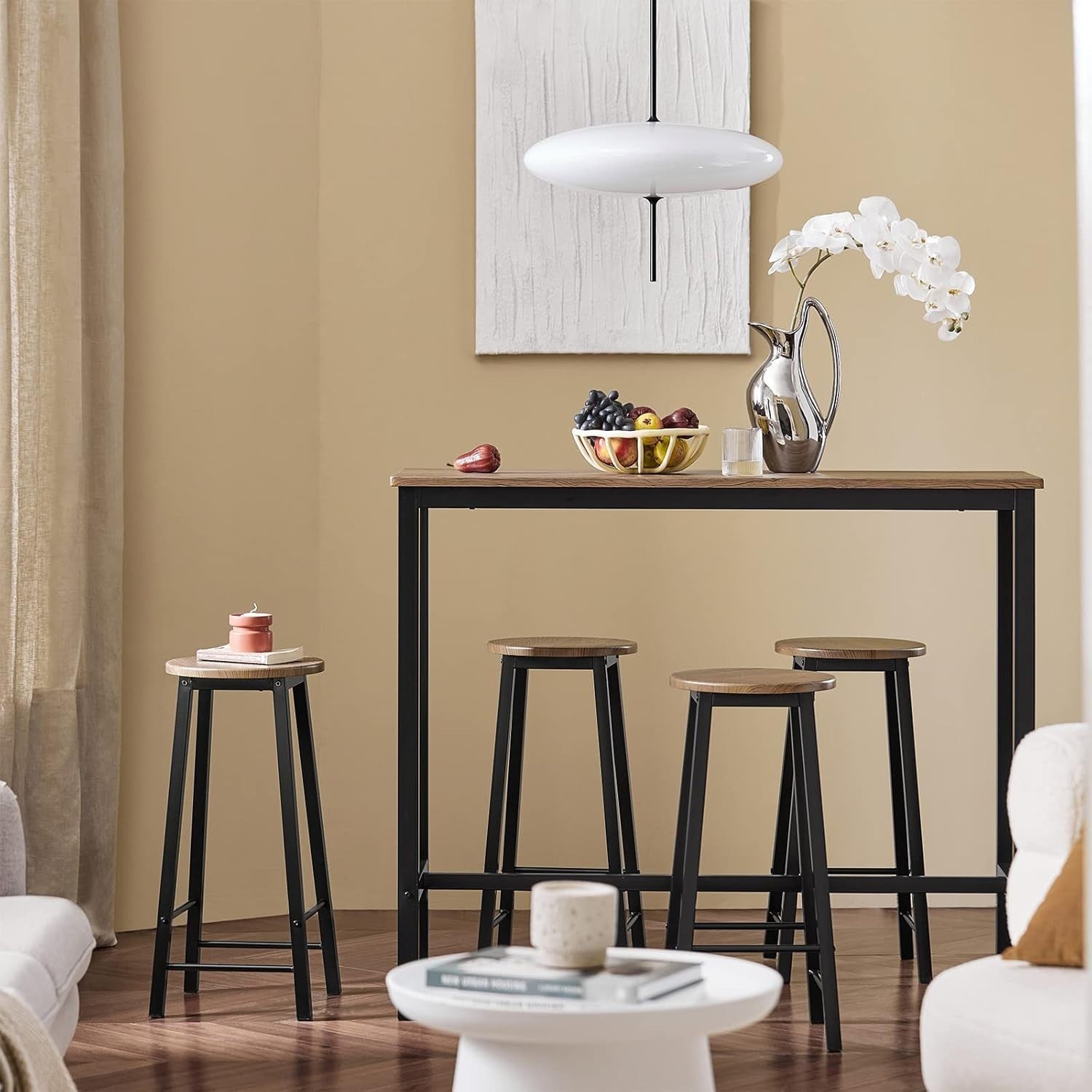5-Piece Breakfast Bar Table Set with 4 Stools Wood Grain Top Metal Frame
