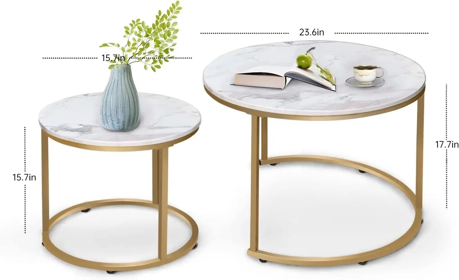 Round Nesting Coffee Tables Set of 2 – Grey Top Black Frame, Space- Gold
