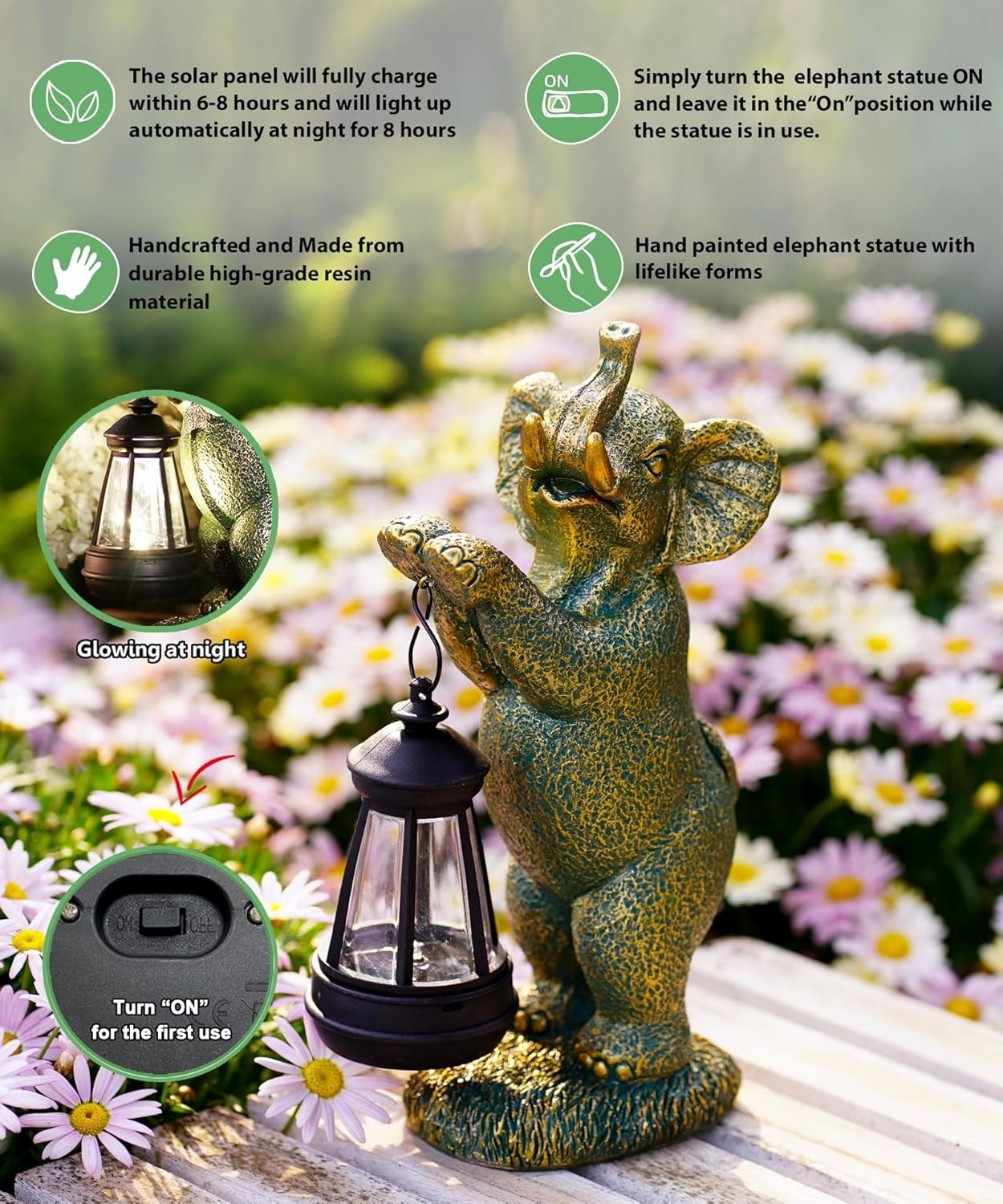 Solar Elephant Garden Ornament with Lantern | Outdoor LED Statue Patio Lawn