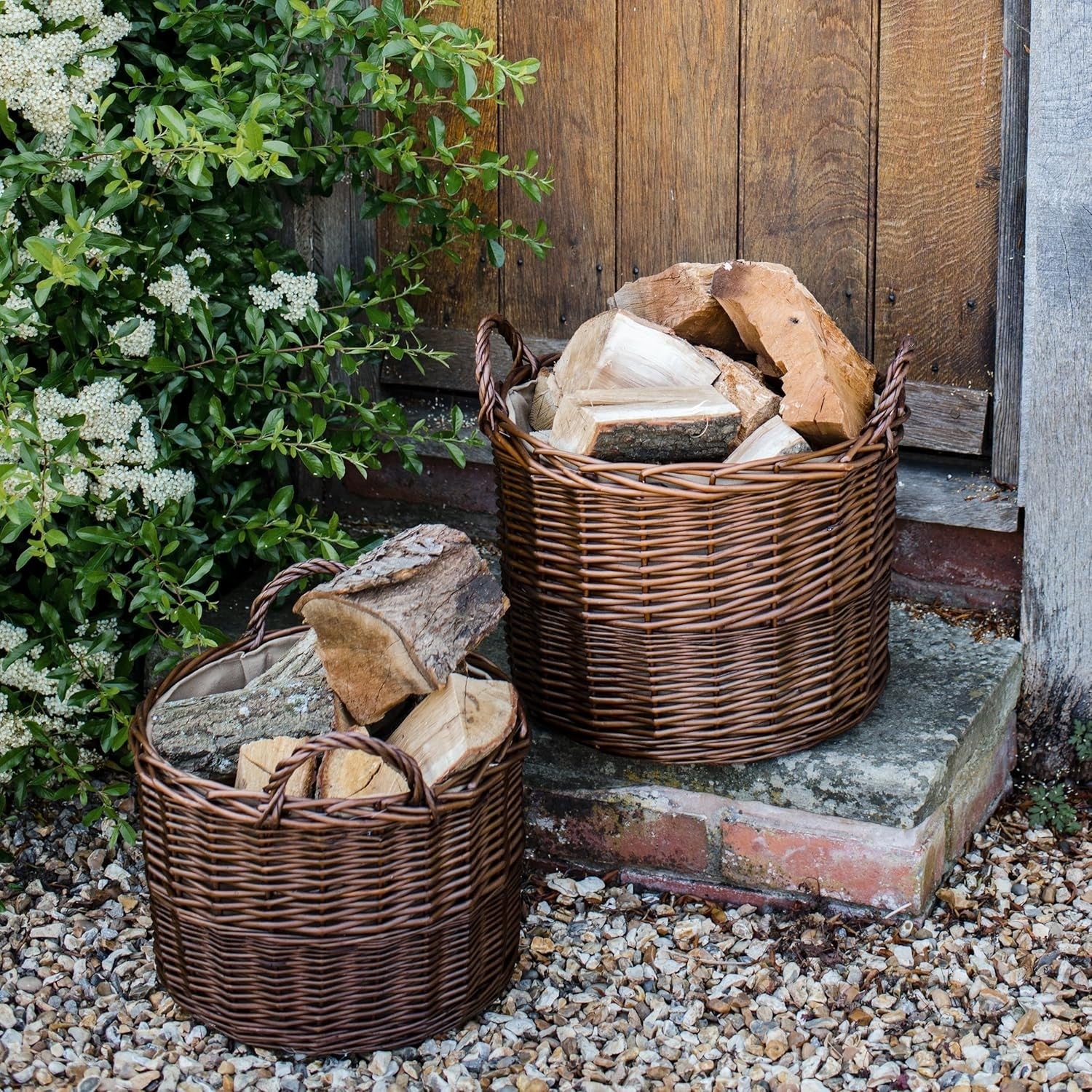 Large Wicker Log Basket with Handles & Lining Firewood Storage Bin