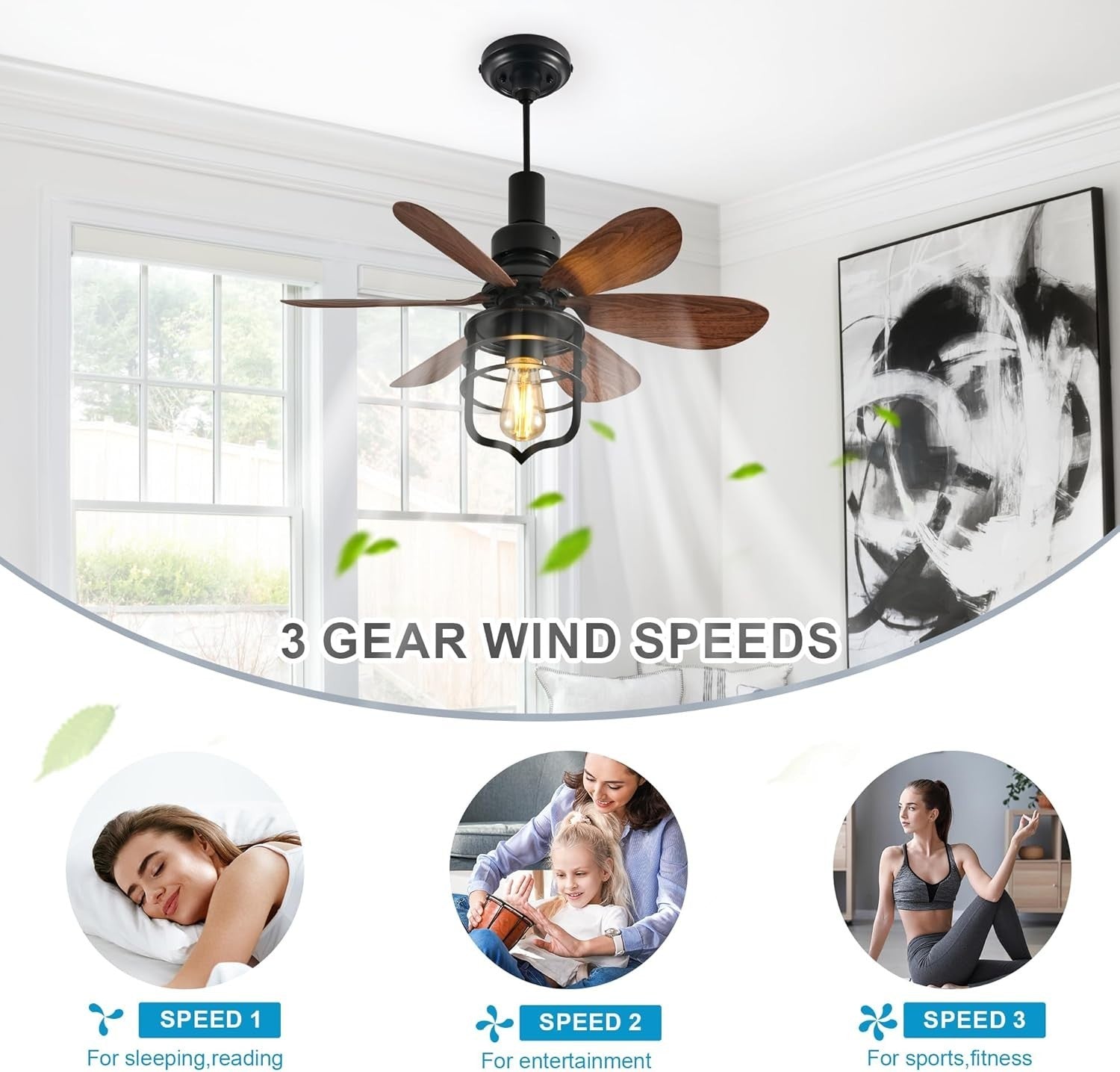 Ceiling Fan Light with Remote, 3 Speeds, Industrial Style, Black E27 Lamp