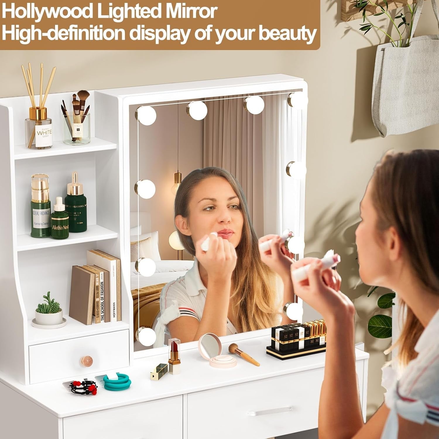 Vanity Desk Dressing Table w/ LED Light Mirror 5 Drawers Storage White Modern