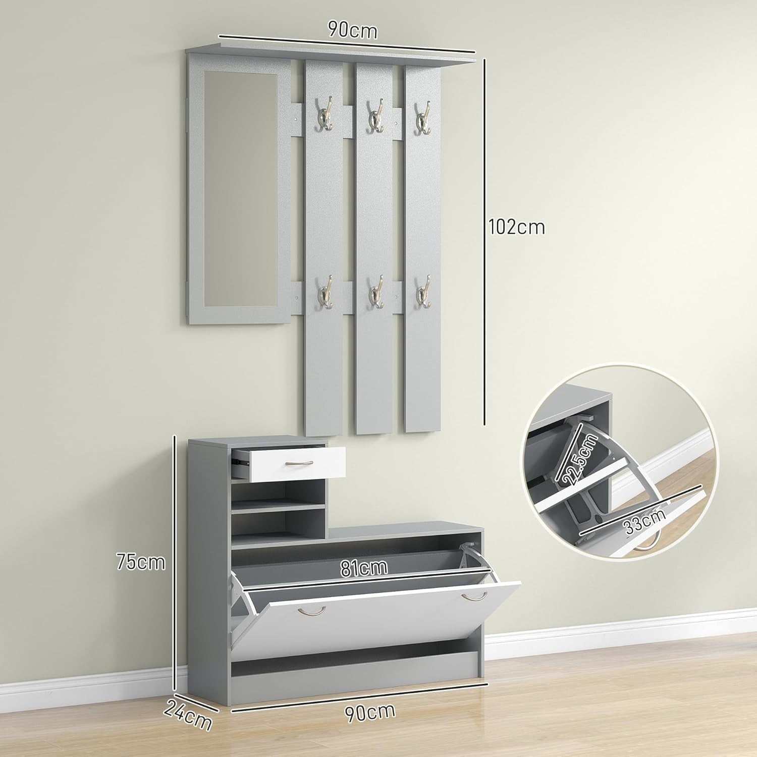 Dark Grey Hallway Furniture Set with Shoe Cabinet, Mirror & 6 Coat Hooks